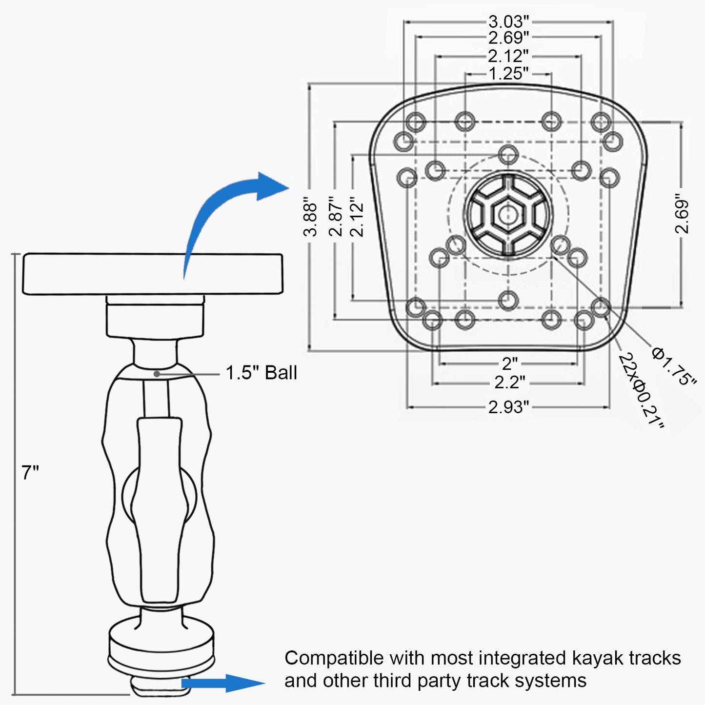 Support pour sondeur, boule de commande avec fixation par boulon en T, support électronique/sondeur marin avec boule de 1,5" (taille C) pour bateau, compatible avec Garmin, Lowrance et autres