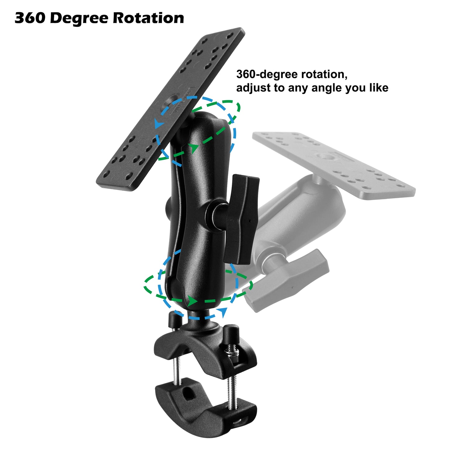 WINDFRD 1.5" Ball Aluminum Fish Finder Mount with Clamp Mount Base for Rails 1.18'' to 2'' in Diameter, Medium Arm Marine Electronic/Depth Finder Mount for Boat, Compatible with Garmin, Lowrance and More