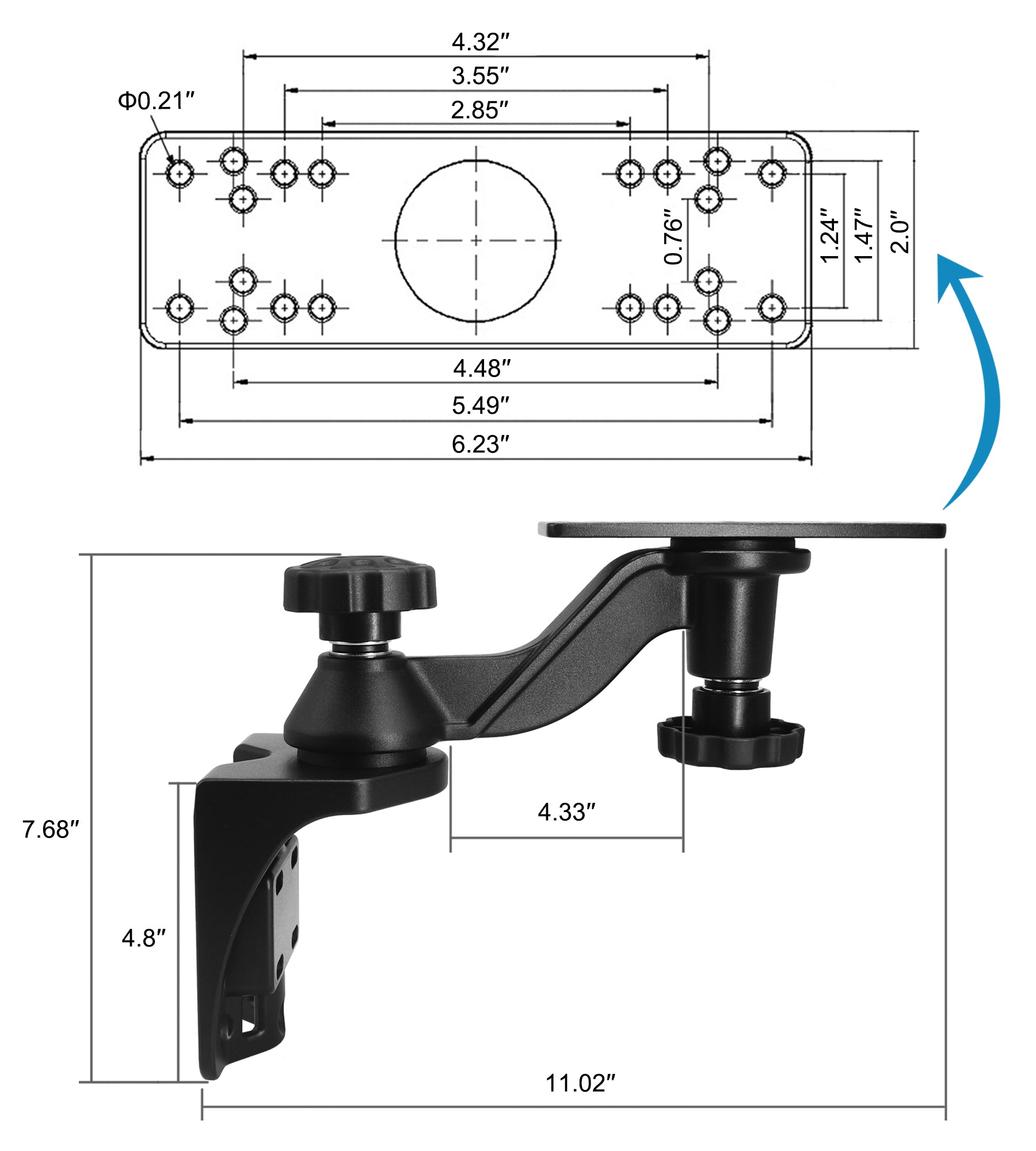All Aluminium Fish Finder/Chartplotter Mount, 360° Swivel Adjustable, Securely Holds 7" to 16" Screens (Rails&Flat Mounting)