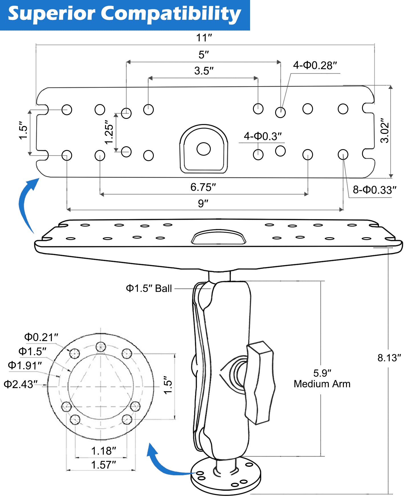 1.5" Ball Fish Finder Mount for 9" to 12" Large Fishfinder with C Size Ball