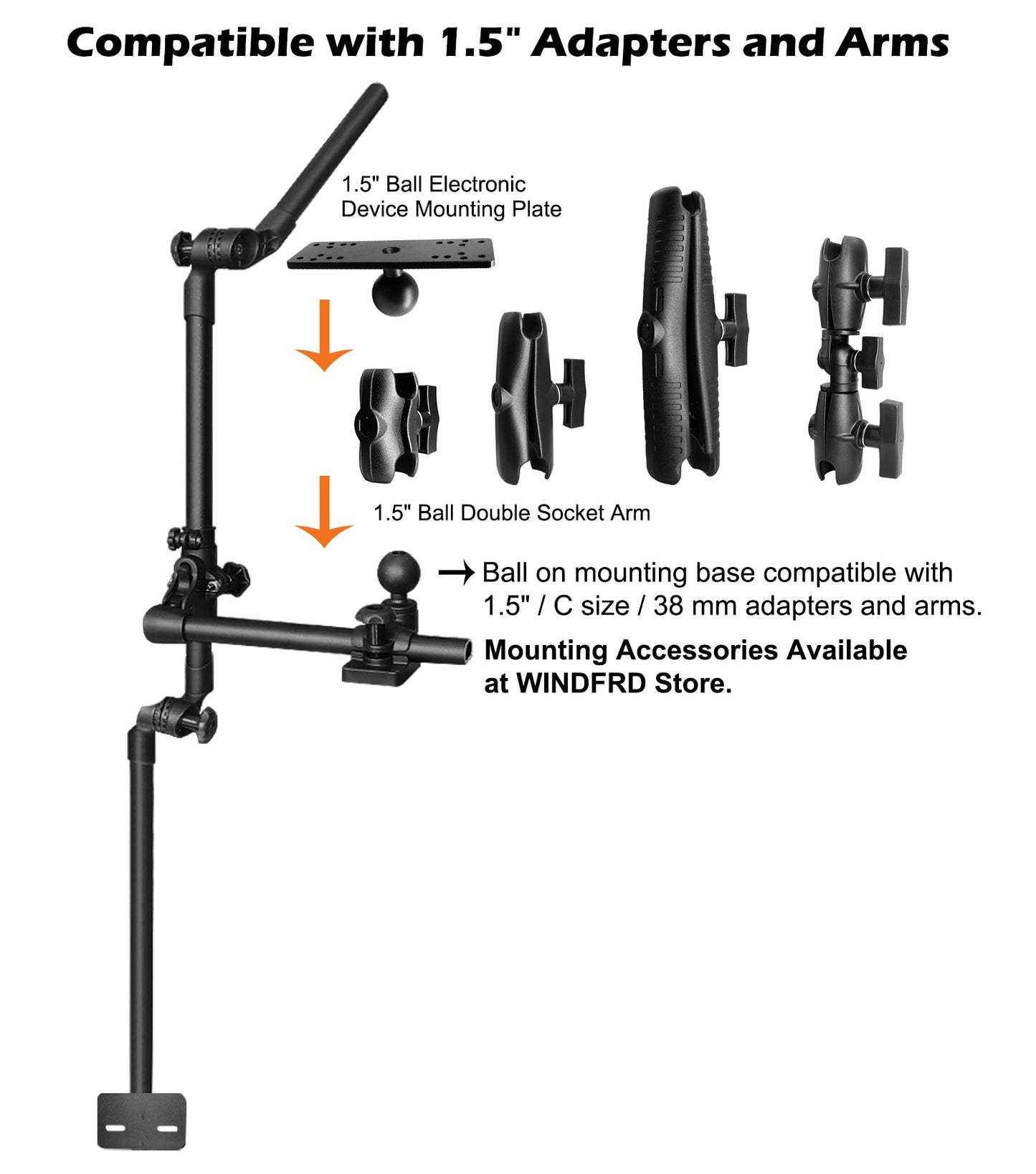 Support de perche pour sondeur Livescope pour kayak, support de sondeur LiveScope pour Garmin et Lowrance, compatible avec les supports RAM, bras à double douille de taille C/1,5" (extension pliable)