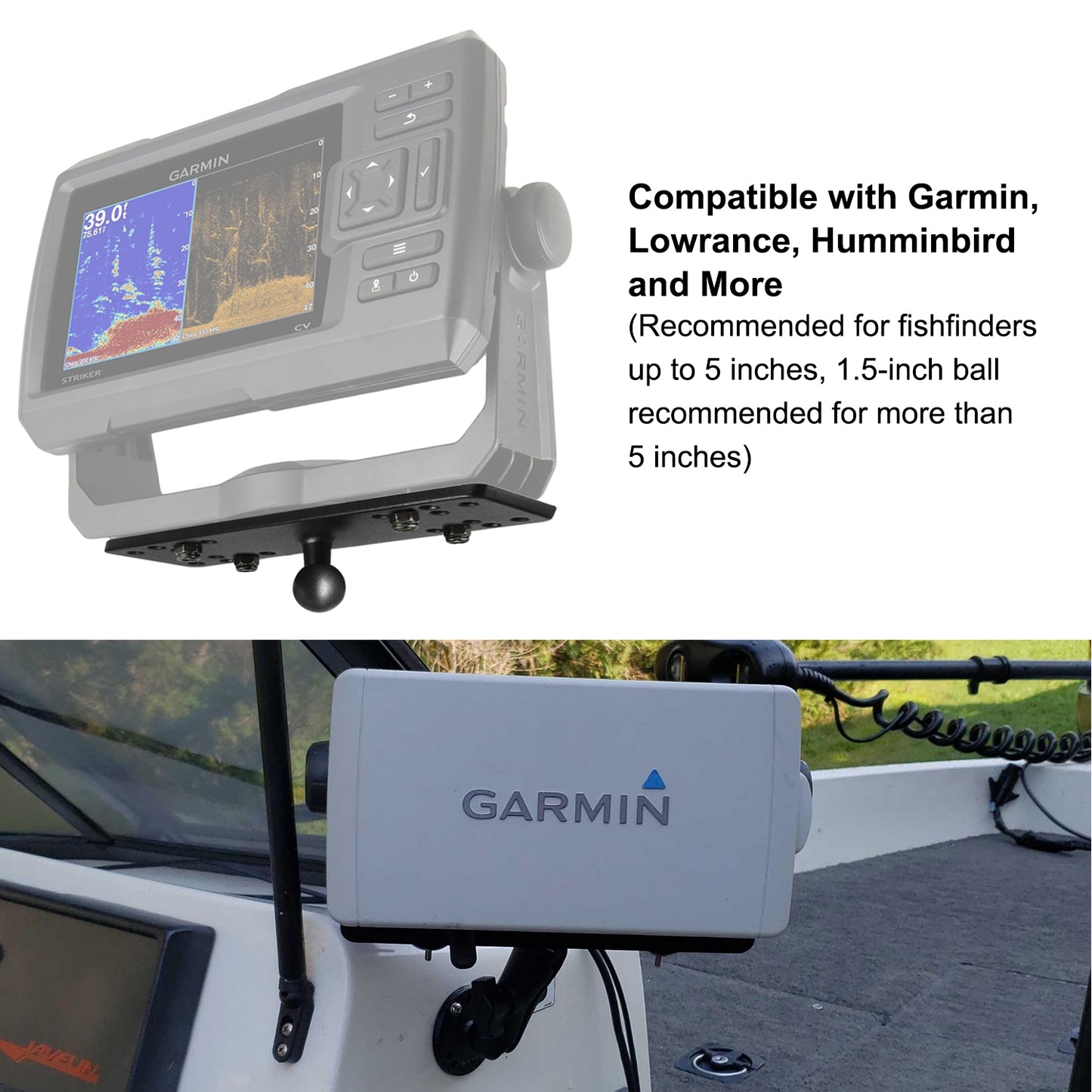 Plaque de montage en aluminium pour détecteur de poissons avec rotule de 2,5 cm (taille B) pour Garmin, Lowrance et autres appareils électroniques marins, compatible avec les supports RAM, Scotty et iBOLT, bras à double douille de taille B.