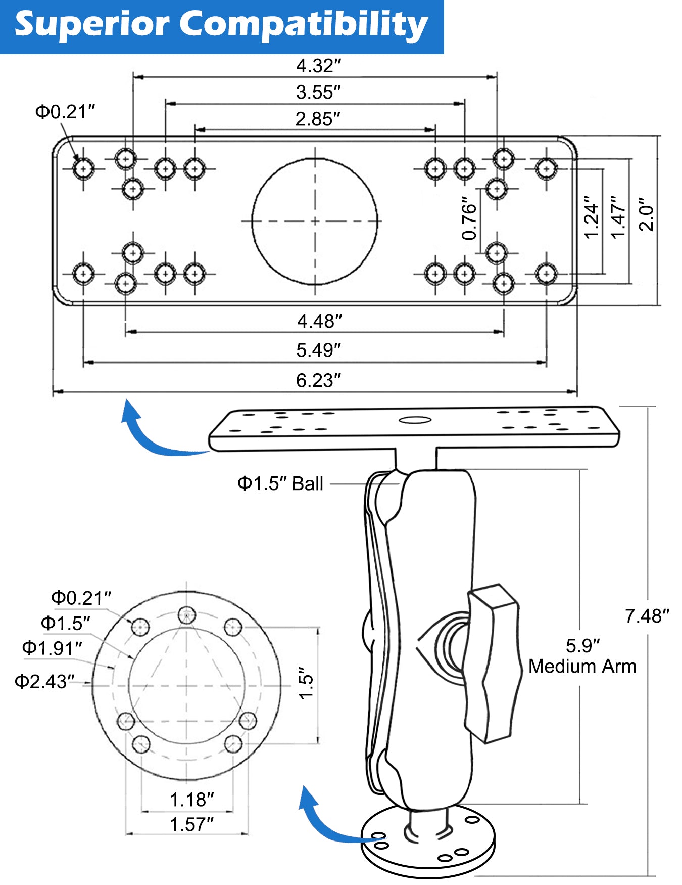 1.5" Ball Fish Finder Mount with Medium Arm