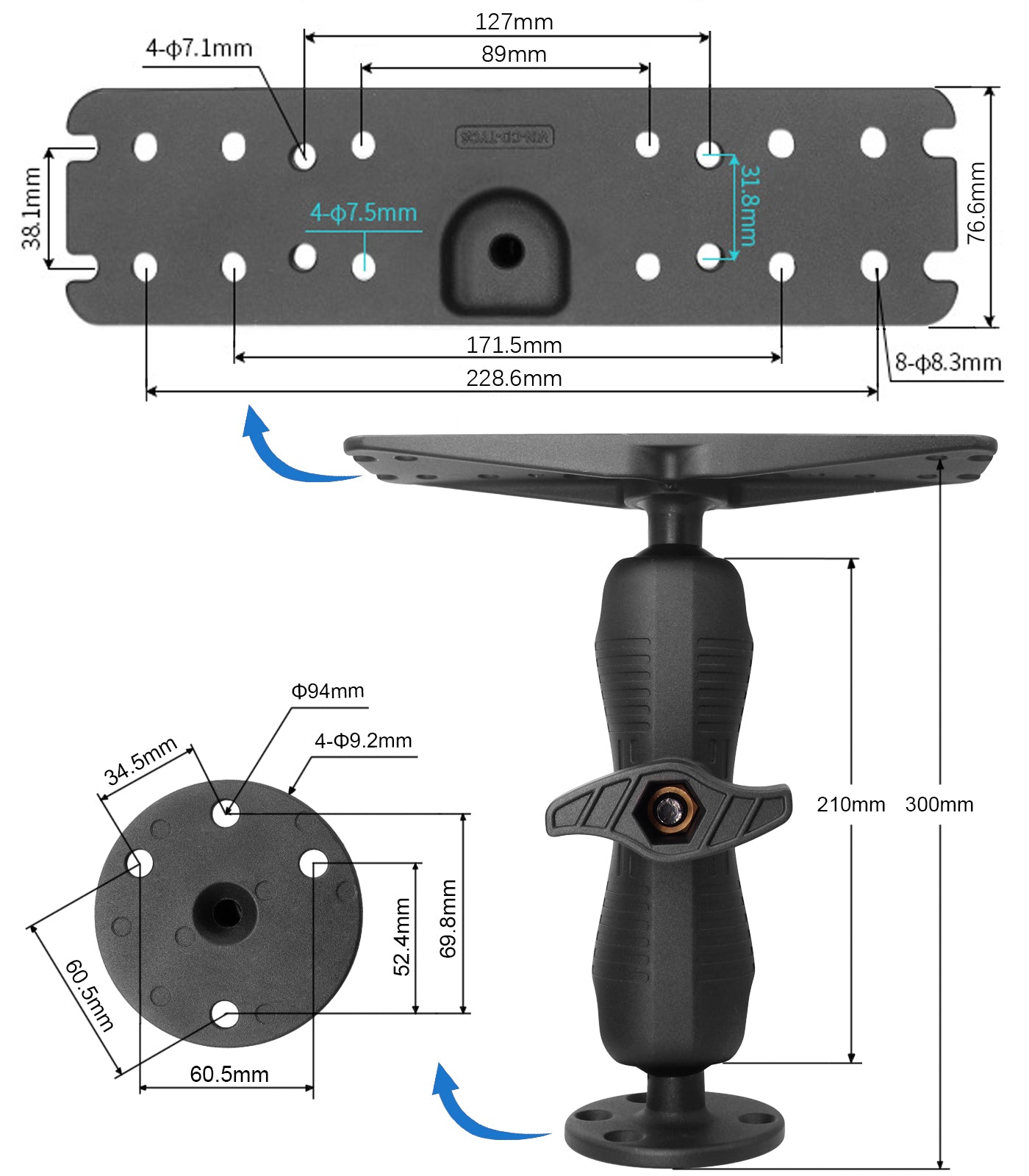 2.25" / D Size Ball Fish Finder Mount with Medium Arm, Super Load-Bearing Marine Electronic/Depth Finder Mount for Boat, Compatible with Garmin, Lowrance, Humminbird and More