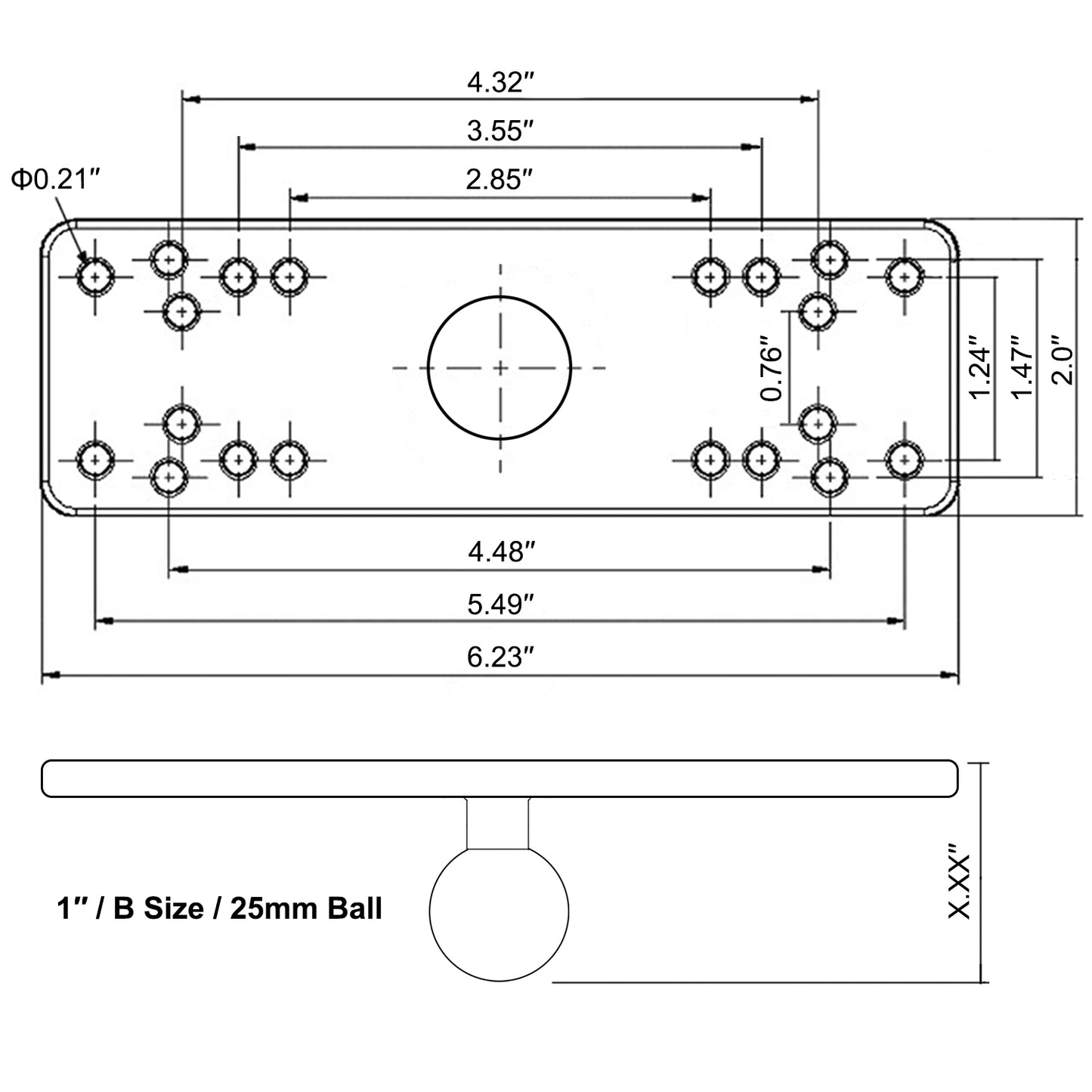 Plaque de montage en aluminium pour détecteur de poissons avec rotule de 2,5 cm (taille B) pour Garmin, Lowrance et autres appareils électroniques marins, compatible avec les supports RAM, Scotty et iBOLT, bras à double douille de taille B.