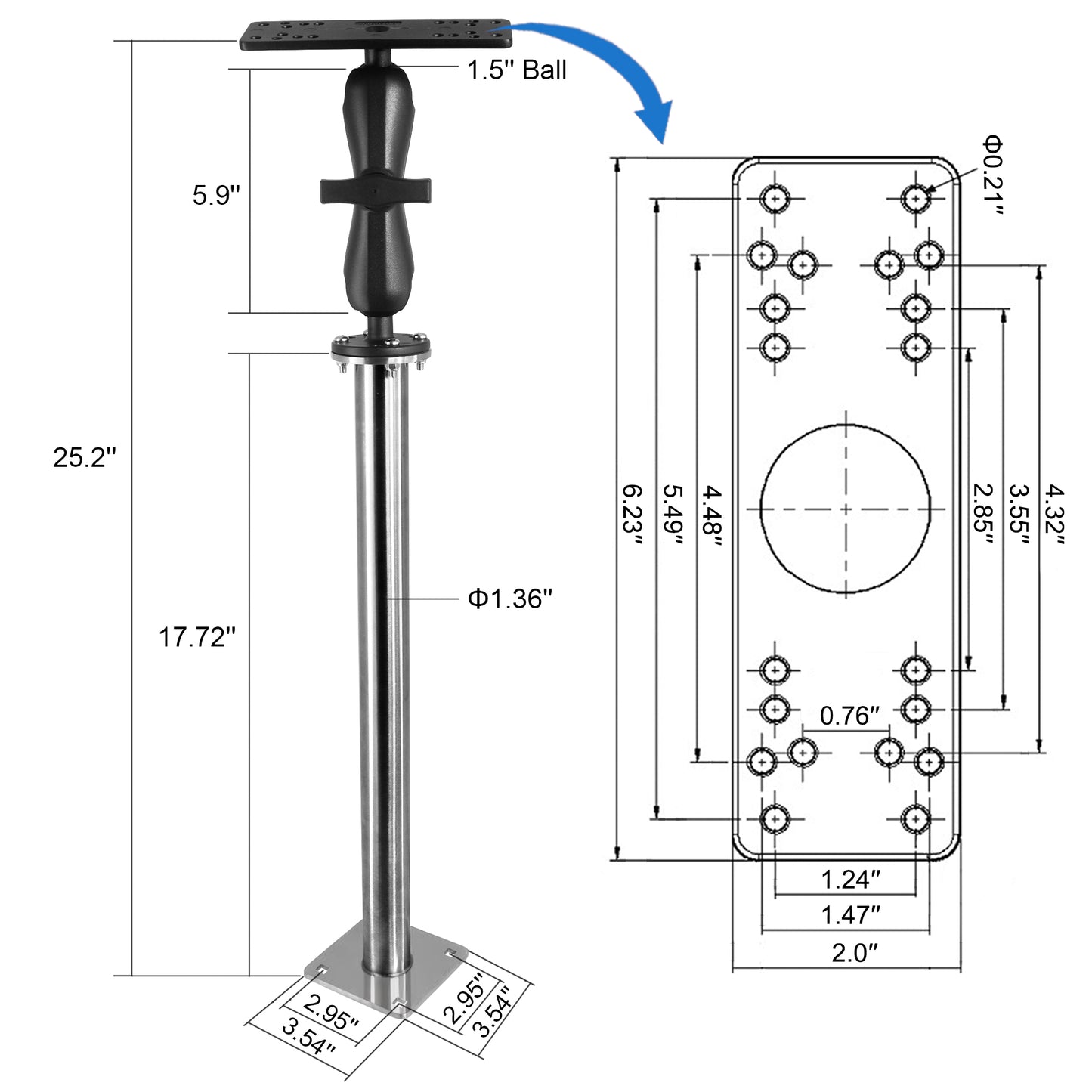 WINDFRD All 304 Stainless Steel and Aluminum Fish Finder Mount with 17" Long Shaft and 1.5" Ball/C Size 5.9" Adjustable Arm, Marine Electronic/Depth Finder Mount, Compatible with Garmin, Lowrance, Humminbird and More