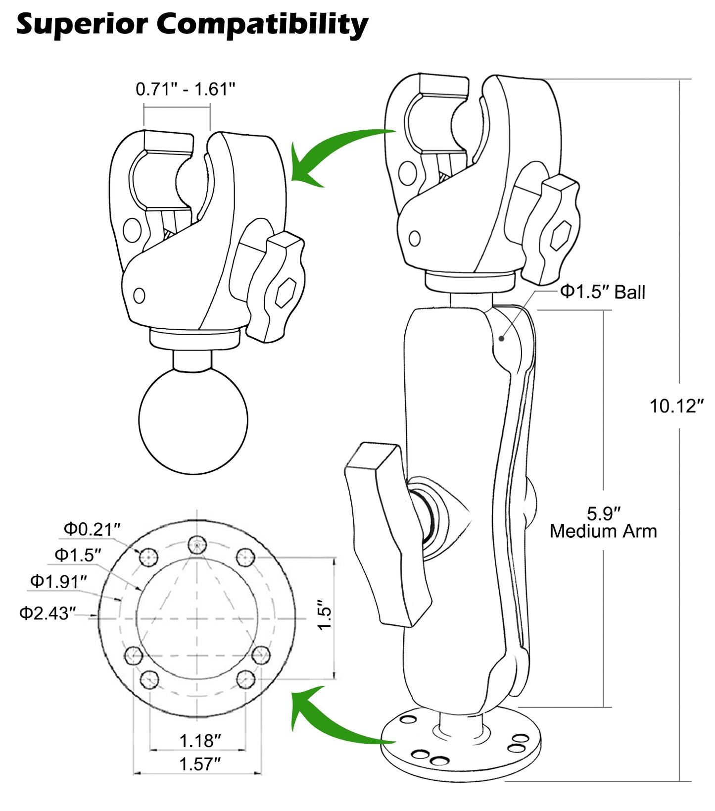 Stabilisateur de moteur de pêche à la traîne en aluminium WINDFRD, force de préhension et portée accrues grâce à une boule de 1,5" et un bras de 5,9", accessoires de bateau réglables pour Minn Kota, Rhodan