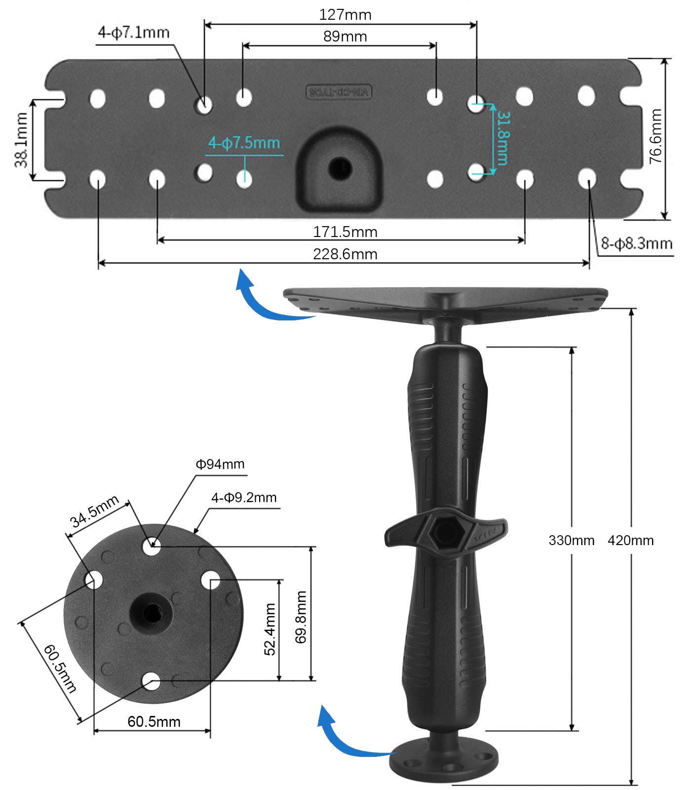2.25" / D Size Ball Fish Finder Mount with 13" Long Arm, Heavy Duty Marine Electronic/Depth Finder Mount for 9" to 16" Large Fishfinder, Compatible with Garmin, Lowrance, Humminbird and More