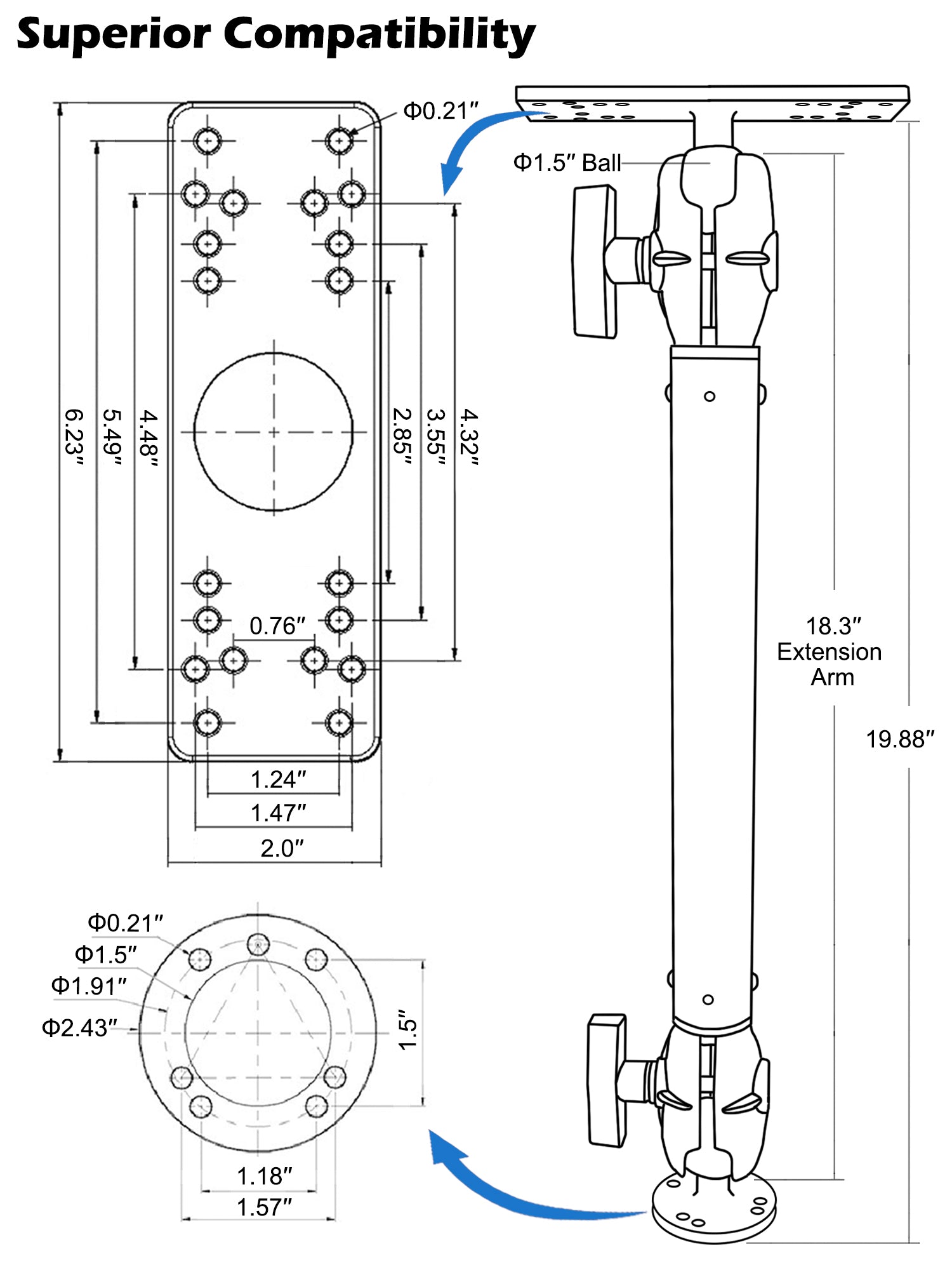 1.5" / C Size Ball Aluminum Fish Finder Mount with Extension(18.3") Arm
