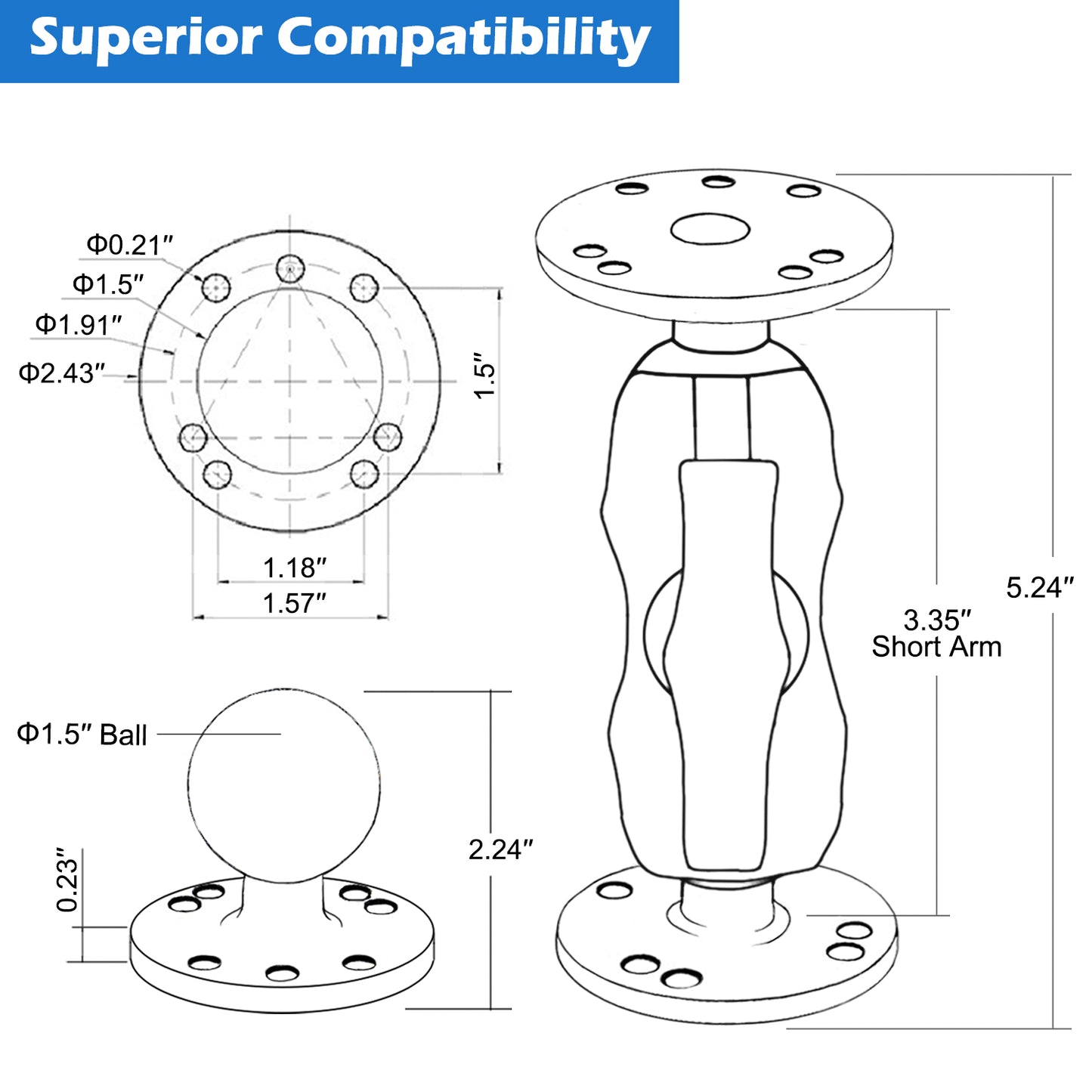 Support double boule WINDFRD en aluminium 1,5" avec deux plaques rondes AMPS, support pour détecteur de poissons/camion/GPS, bras court avec boule de 1,5"/38 mm/taille C, compatible avec RAM, Arkon, iBolt et plus encore.
