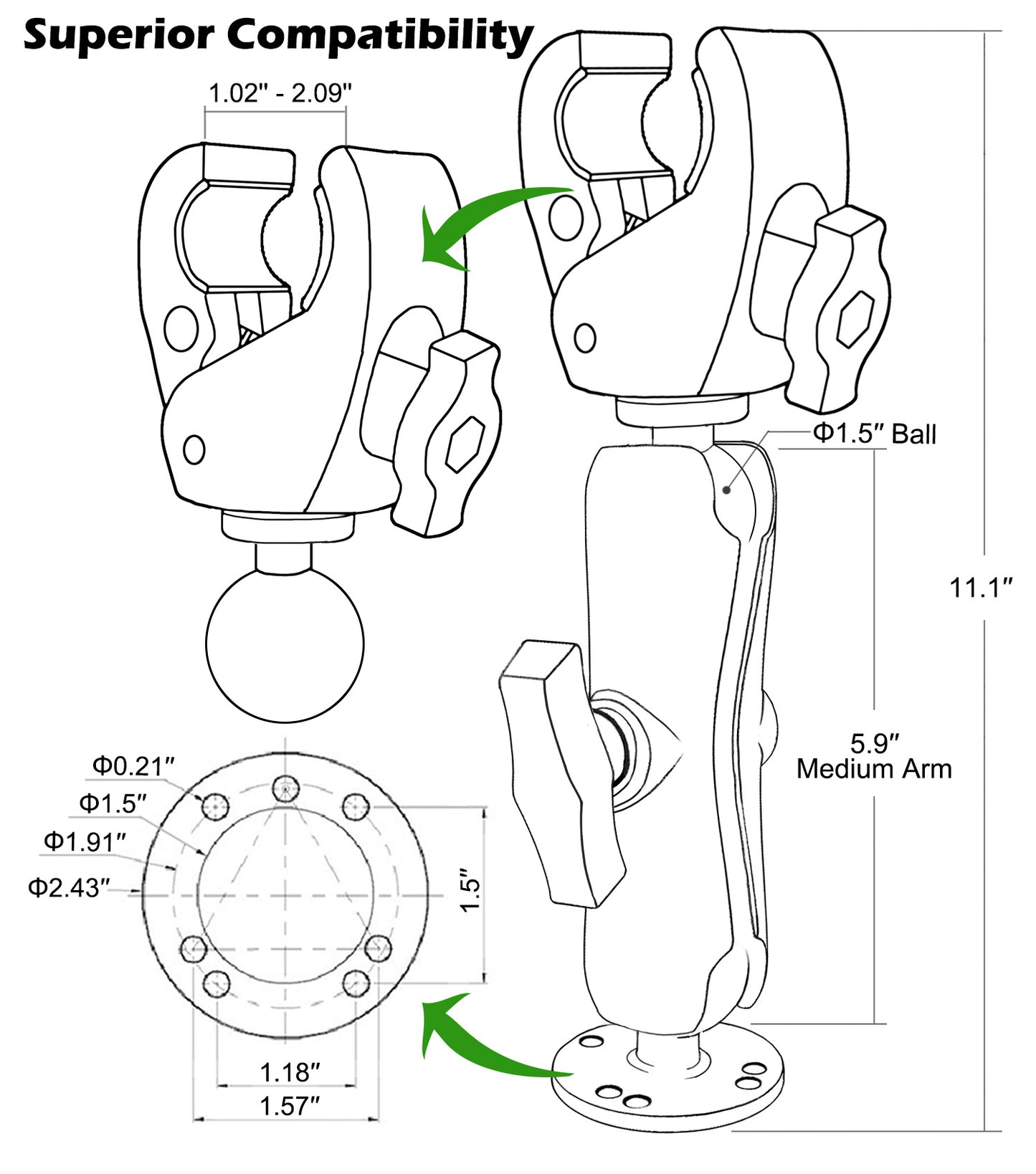 Support stabilisateur de moteur de pêche à la traîne WINDFRD tout en aluminium, support renforcé avec boule de 1,5" pour rails de 1,09" à 2,09", réglable à 360°, compatible avec les moteurs de pêche à la traîne Minn Kota, Rhodan et autres bateaux