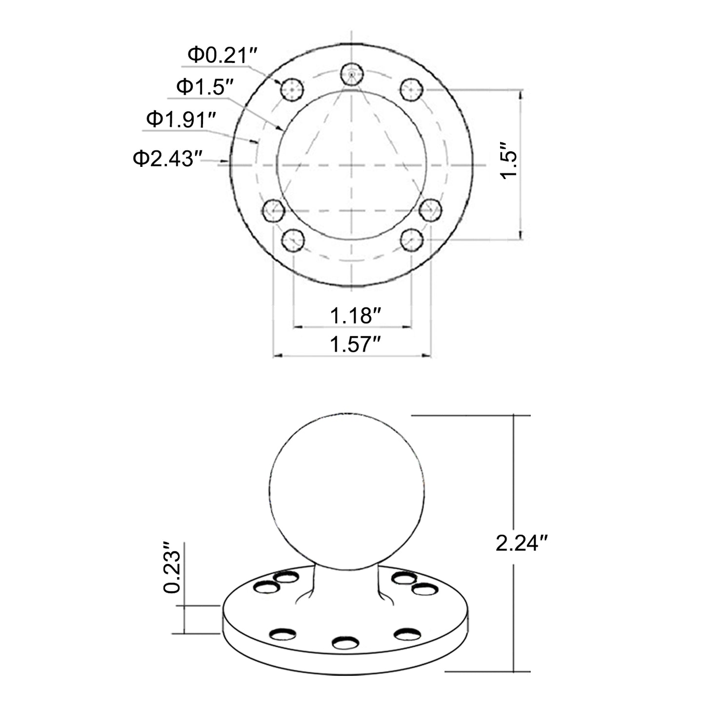 Plaque ronde en aluminium WINDFRD avec trou AMPS de 1,5", accessoires de montage réglables pour tablettes/sondeurs, compatible avec RAM, Arkon, iBolt et plus encore. Bras à double douille sphérique de 1,5 pouces/taille C.