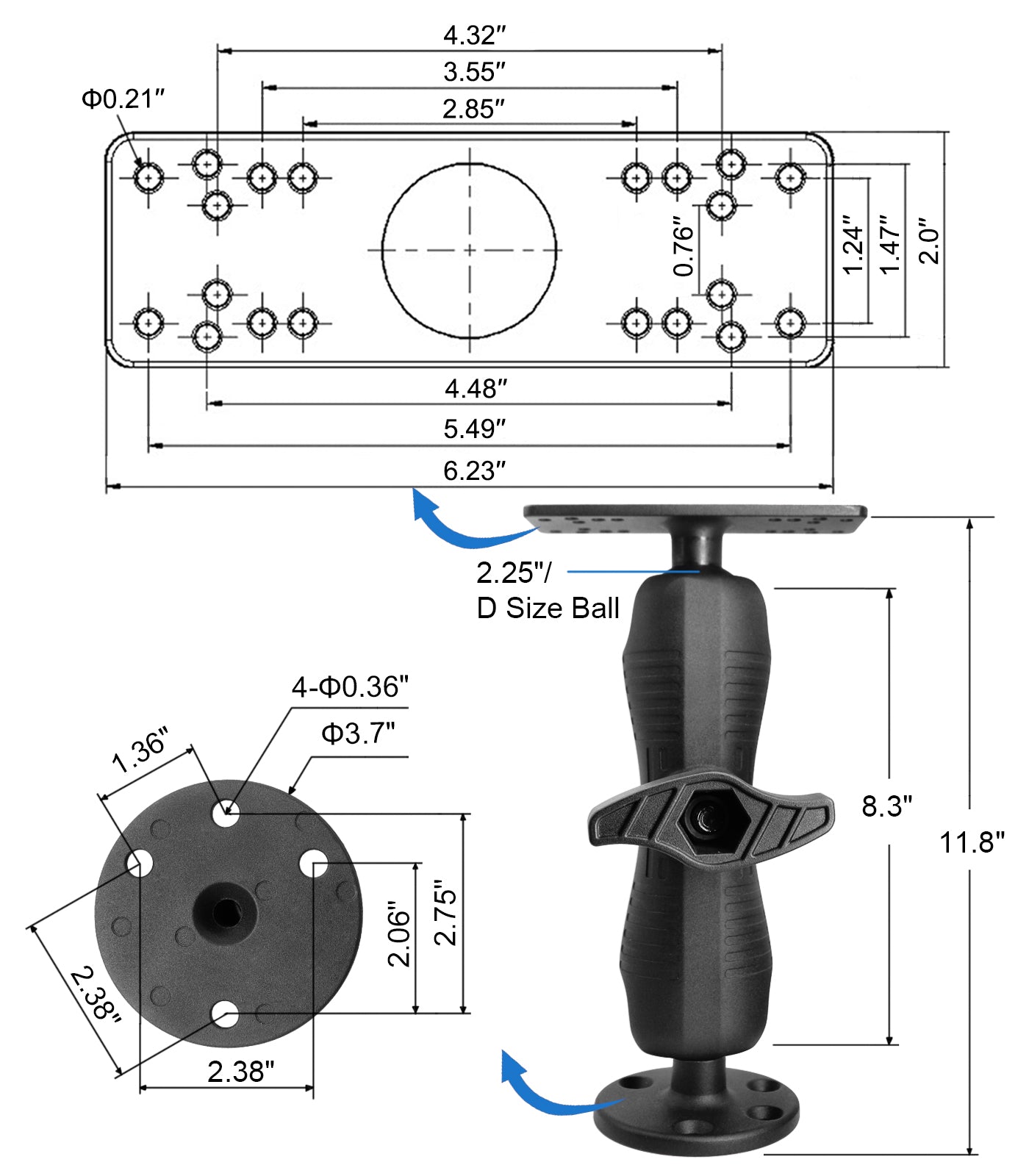 WINDFRD All Aluminum D Size/2.25" Ball Fish Finder Mount with wrench for 7" to 16" Large Fishfinder, Compatible with Garmin, Lowrance, Humminbird and More Marine Electronic Depth Finder