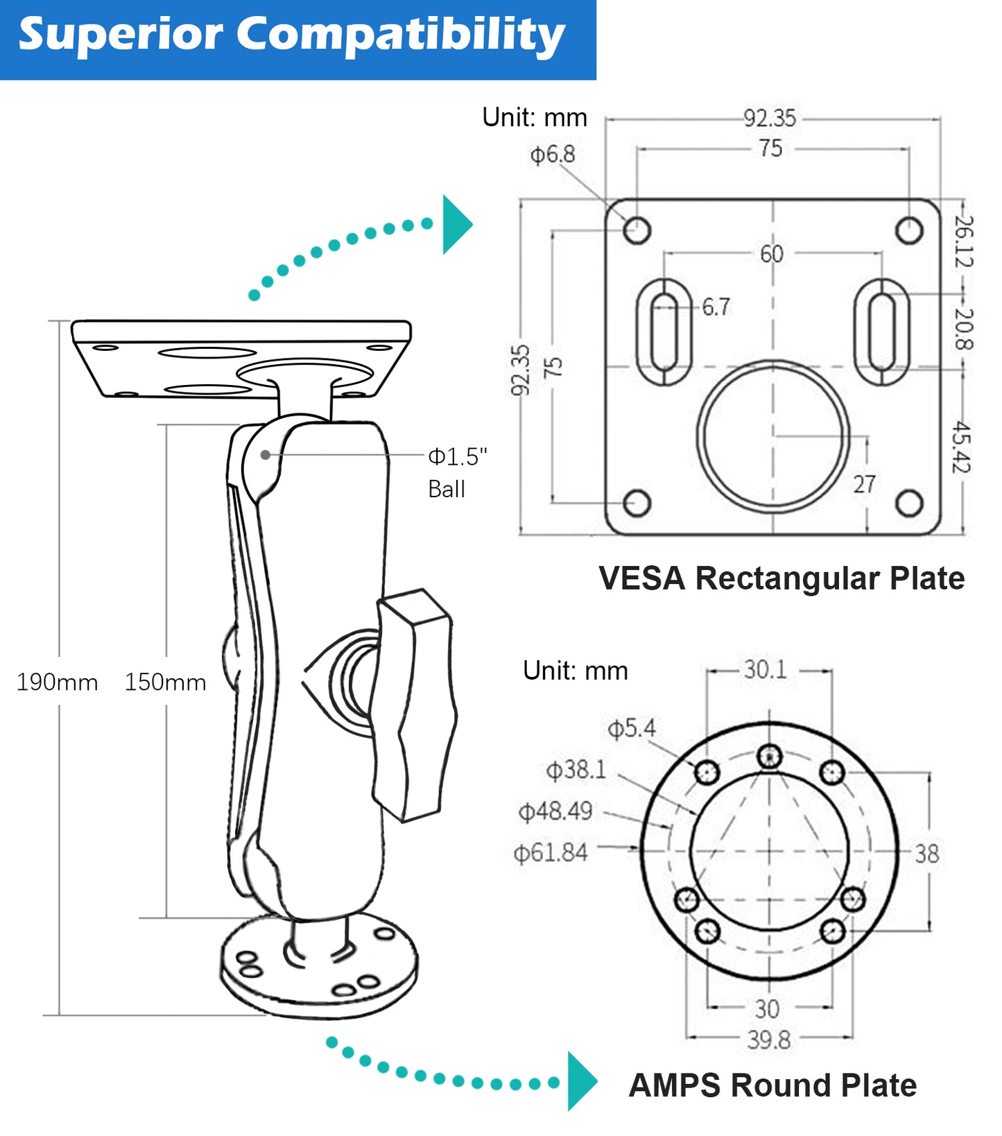 Support d'écran industriel en aluminium 1,5" avec plaque VESA, 75 x 75 mm, support de télévision pour camion, rotatif à 360°, compatible avec les supports Ram, iBOLT et autres accessoires de taille C.