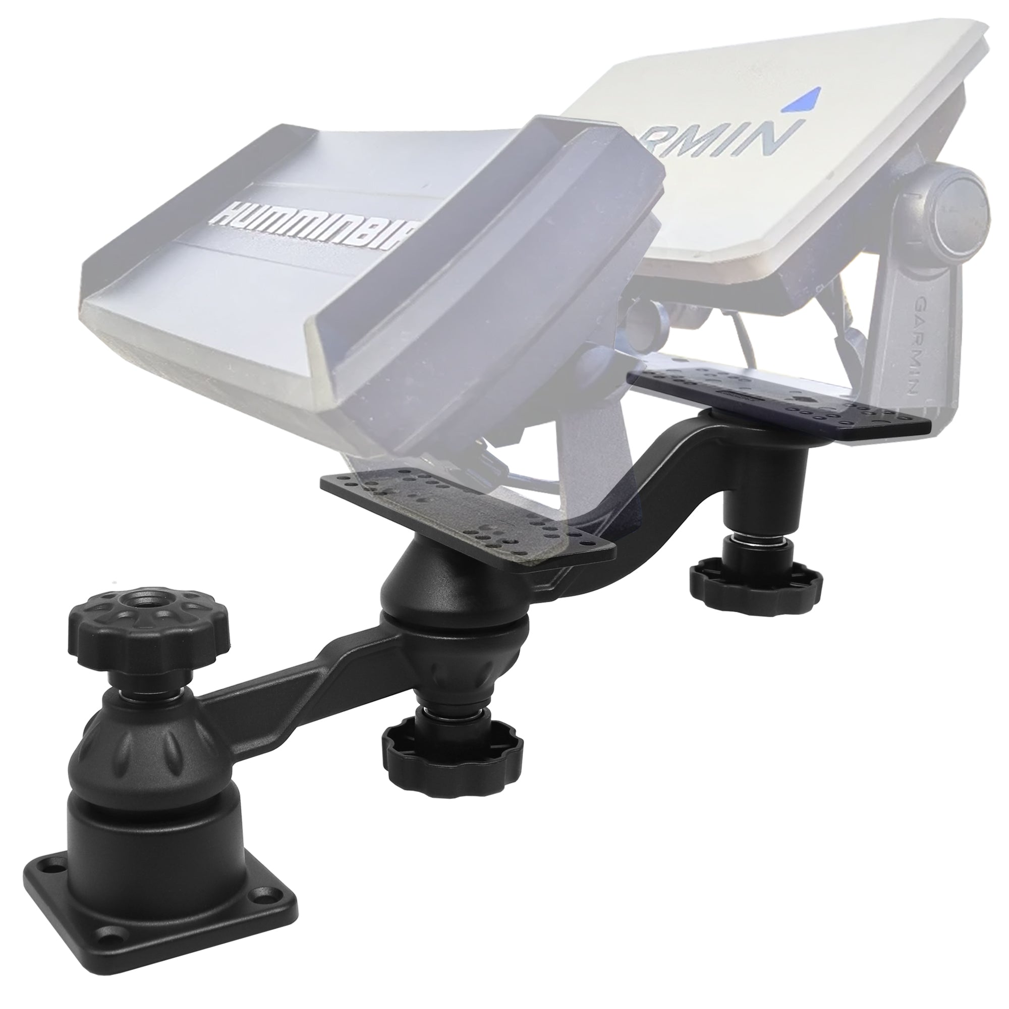 Aluminum Dual-Screen Fish Finder Mount, Marine Electronics Mount with Reinforced Dual Adjustable Arm for 5"-10" Depth Finder Display, Compatible with Garmin, Lowrance, Humminbird and More