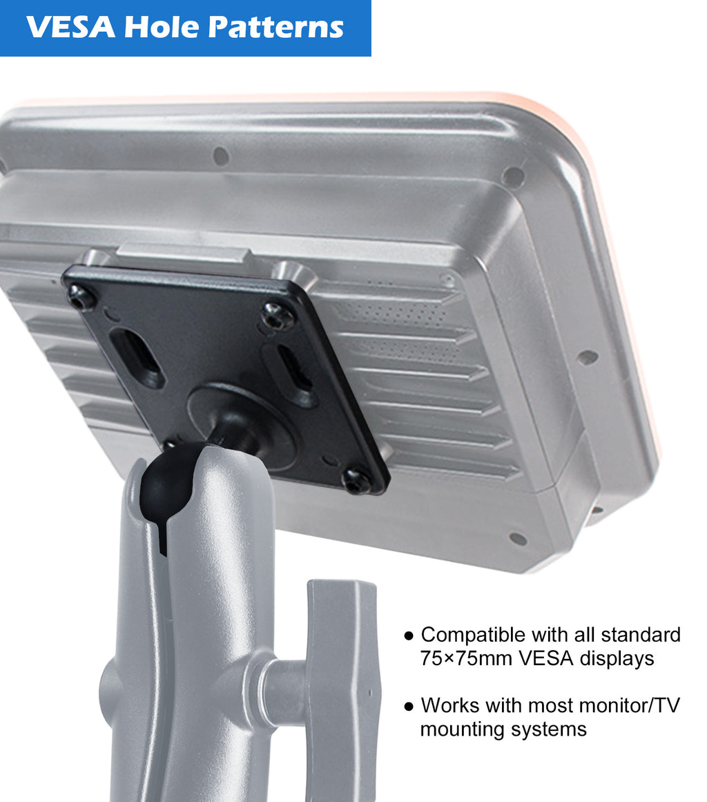 Aluminum 75x75mm VESA Plate with 1.5"/C Size Ball, Industrial Monitor/Television Mount Base for Truck, Compatible with Ram Mounts, iBOLT and More C Size Double Socket Arm Accessories