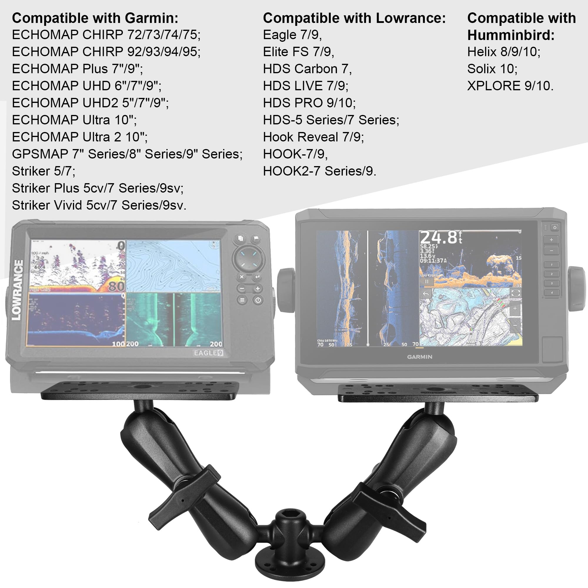 WINDFRD Aluminum Dual Fish Finder Mount with 1.5" Dual Ball 2-in-1 Base, Marine Electronics Mount for Dual Fish Finder Screen, Compatible with Garmin, Lowrance, Humminbird and More - image 2