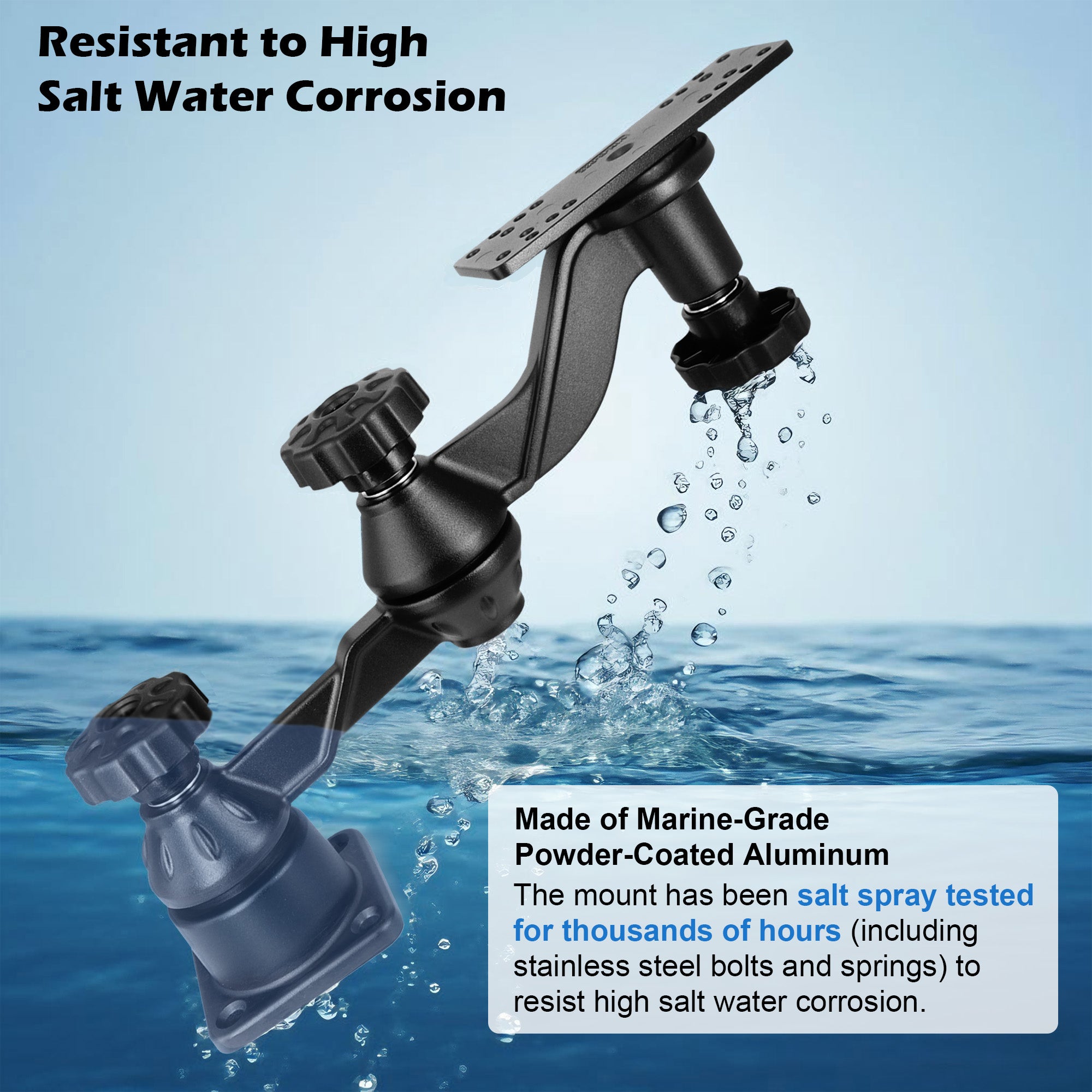 All Aluminum Fish Finder Mount with Reinforced Dual-joint Adjustable Arm for 7"-16" Large Display (Flat Mount)