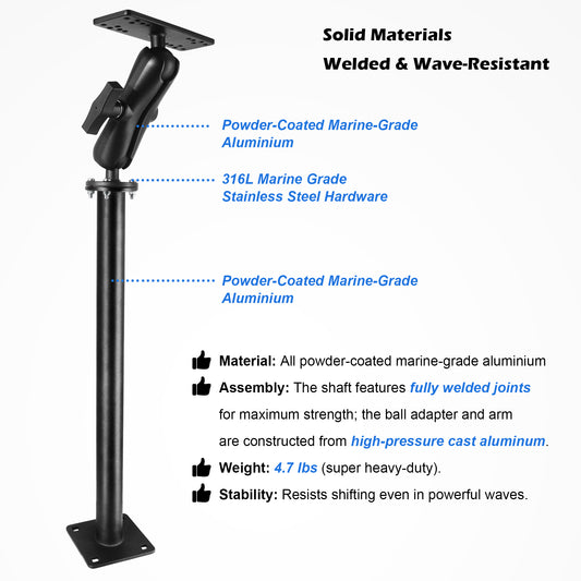 WINDFRD All Aluminum Fish Finder Mount with 17" Long Shaft and 1.5" Ball/C Size 5.9" Adjustable Arm, Marine Electronic/Depth Finder Mount, Compatible with Garmin, Lowrance, Humminbird and More