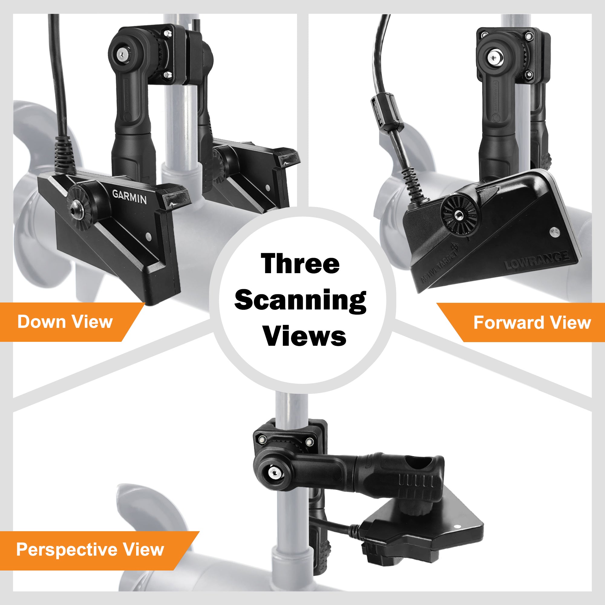 Dual Transducer Pole Mount Compatible with Garmin LiveScope LVS34 LVS32 LVS62 & Lowrance AT2, Hard-Anodized Cast Aluminum, Tool-Free 3-View Mode Adjustment Trolling Motor Bracket (Duo)