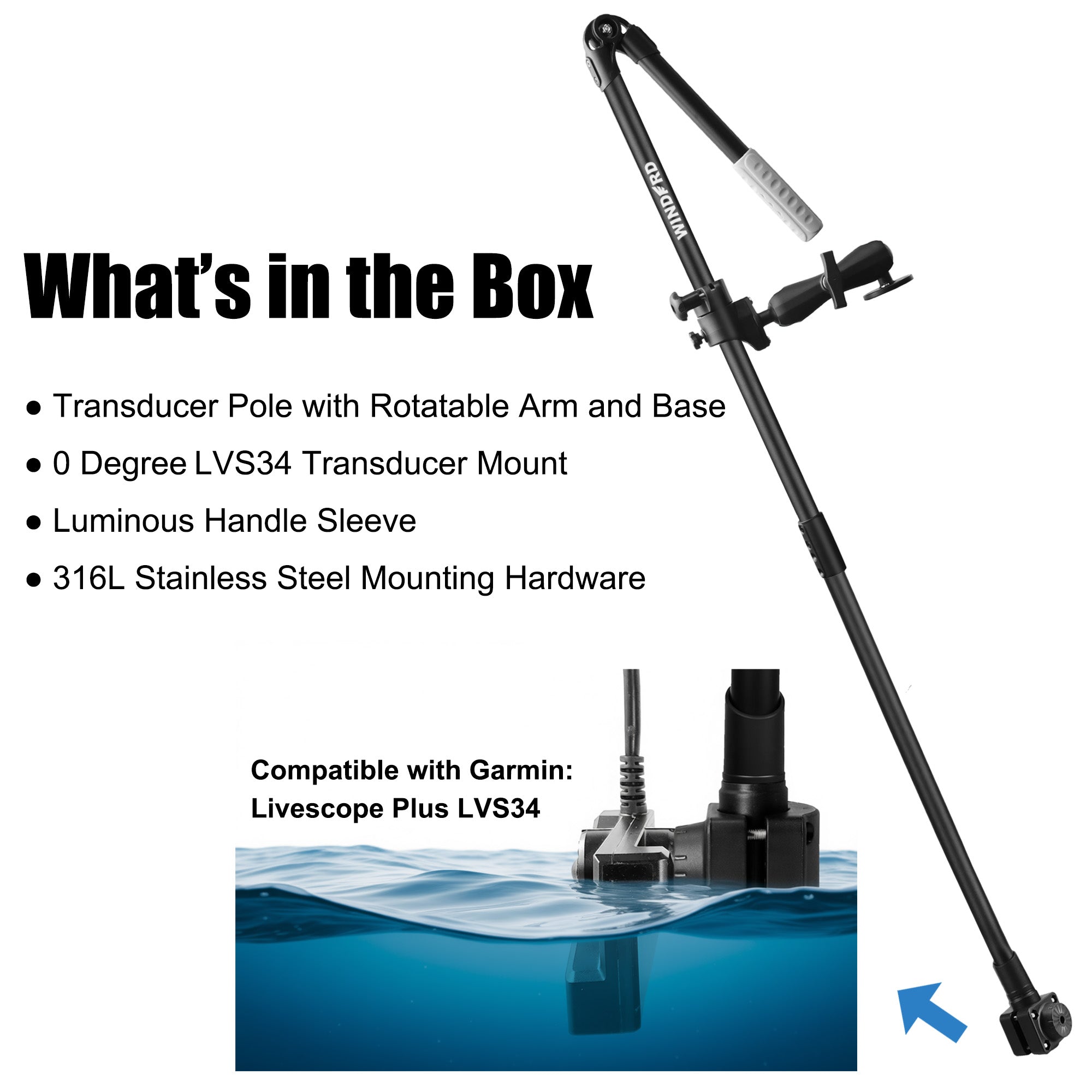 WINDFRD Livescope Transducer Pole Mount for Kayak/Boat, 0 Degree Pole Mount Compatible with Garmin LiveScope Plus LVS34, Includes Luminous Handle Sleeve and T-Bolt Attachment