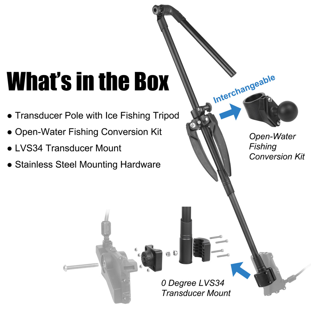 Ice Fishing Transducer Pole Mount with 0 Degree Mount for Garmin LVS34, Compatible with C-Size Double Socket Arms