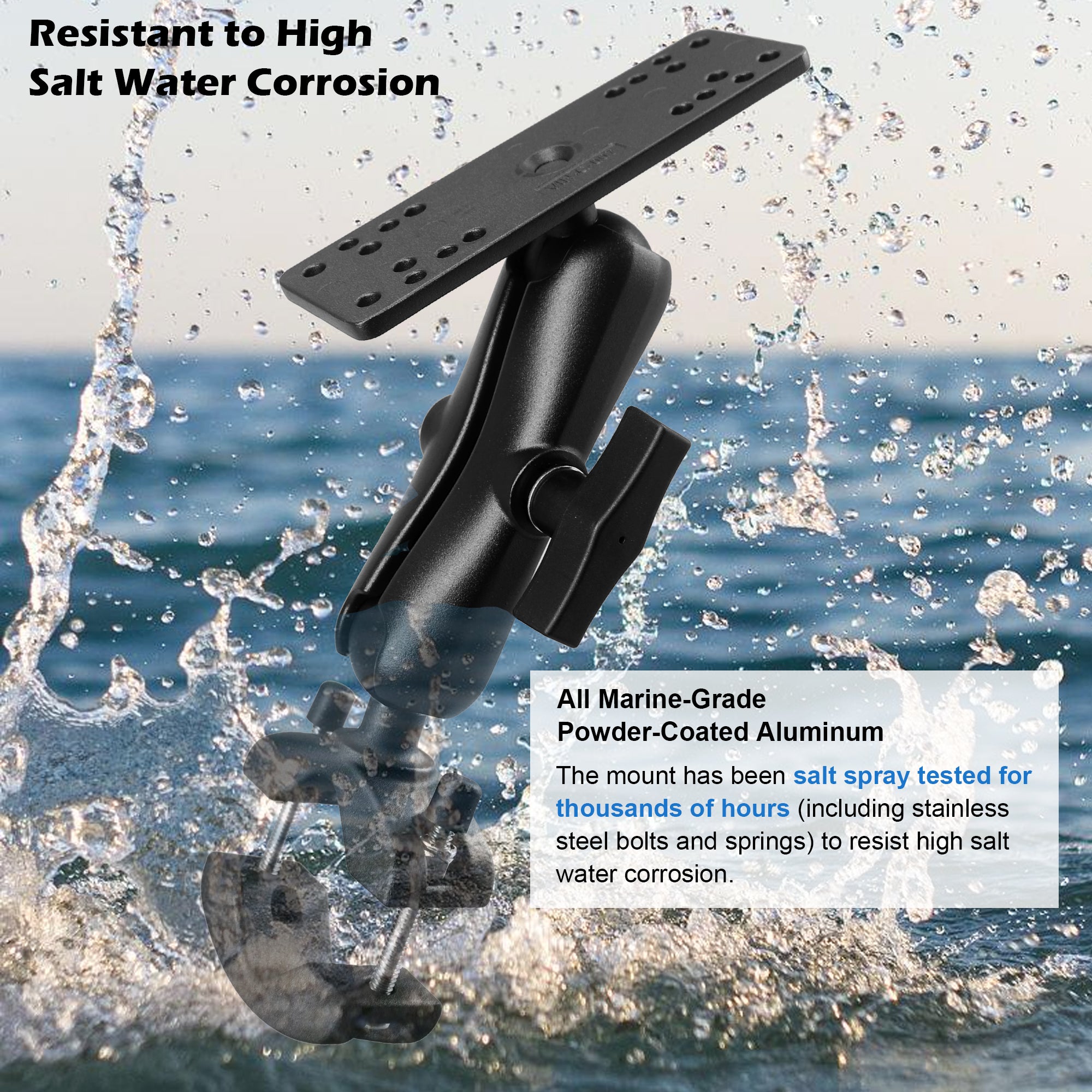 1.5" Ball Aluminum Fish Finder Mount with Clamp Mount Base for Rails 1.18'' to 2'' in Diameter