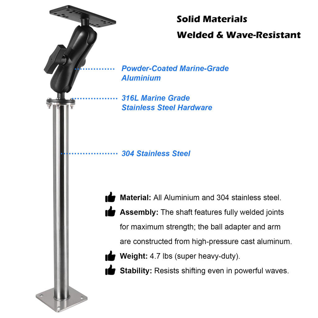 All Stainless Steel and Aluminum Fish Finder Mount with 17" Long Shaft and 1.5" Ball/C Size 5.9" Adjustable Arm (Metallic))