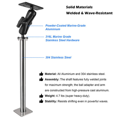 WINDFRD All 304 Stainless Steel and Aluminum Fish Finder Mount with 17" Long Shaft and 1.5" Ball/C Size 5.9" Adjustable Arm, Marine Electronic/Depth Finder Mount, Compatible with Garmin, Lowrance, Humminbird and More