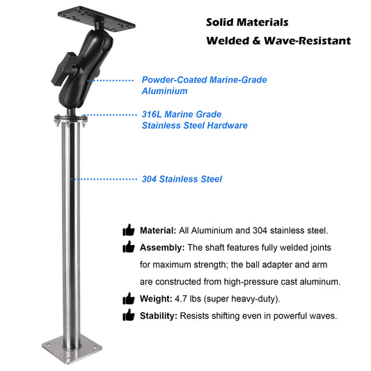 WINDFRD All 304 Stainless Steel and Aluminum Fish Finder Mount with 17" Long Shaft and 1.5" Ball/C Size 5.9" Adjustable Arm, Marine Electronic/Depth Finder Mount, Compatible with Garmin, Lowrance, Humminbird and More