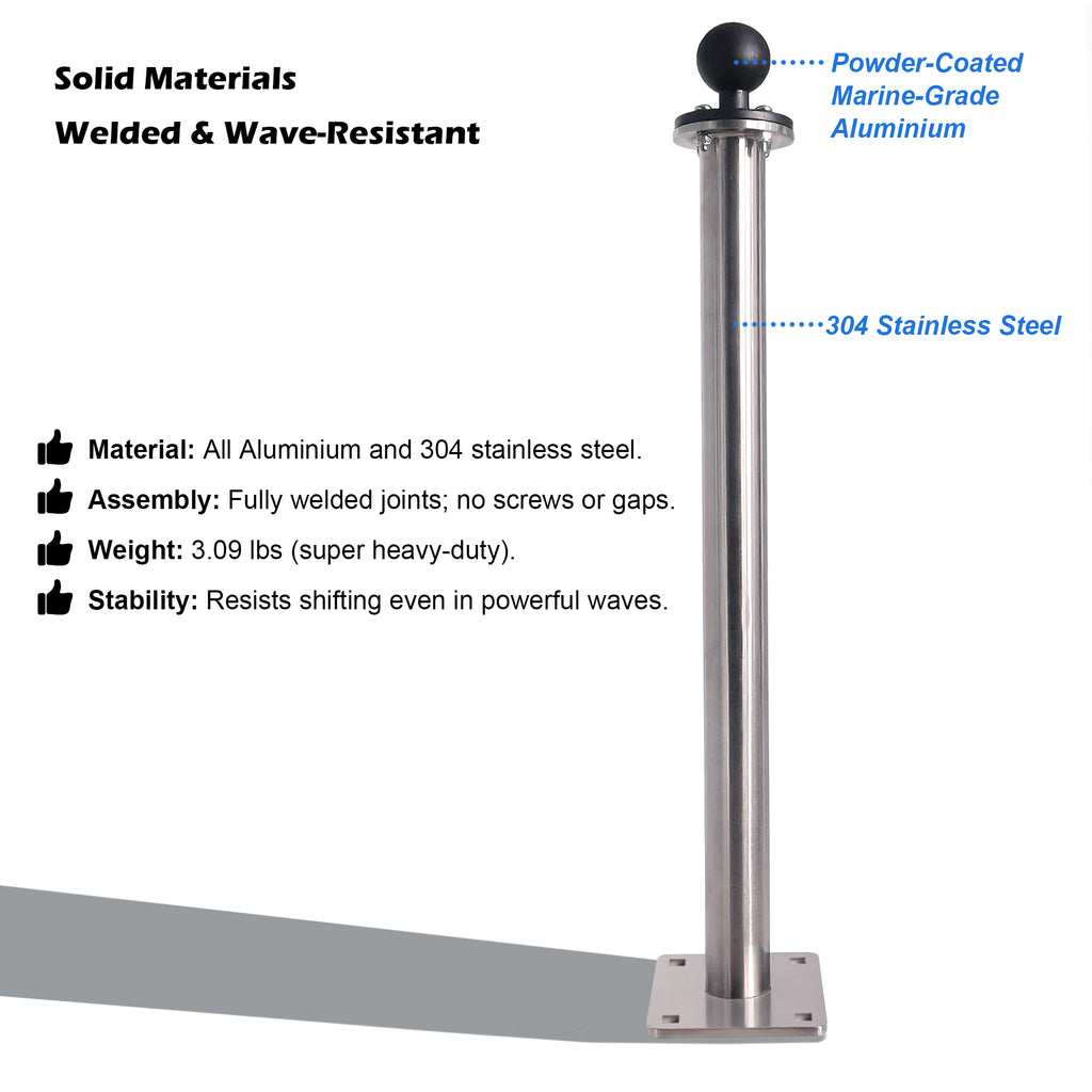 All Stainless steel 1.5" Ball Mount Base with 17" Long Arm, C Size Ball Adapter for Tablets/Fish Finders (Metallic)