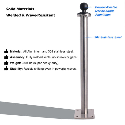 WINDFRD All 304 Stainless Steel Mount Base with 17" Long Arm, Aluminum  1.5" Ball Adapter for Tablets/Fish Finders, Compatible with RAM, Arkon, iBolt and More 1.5 inches/C Size Ball Double Socket Arm