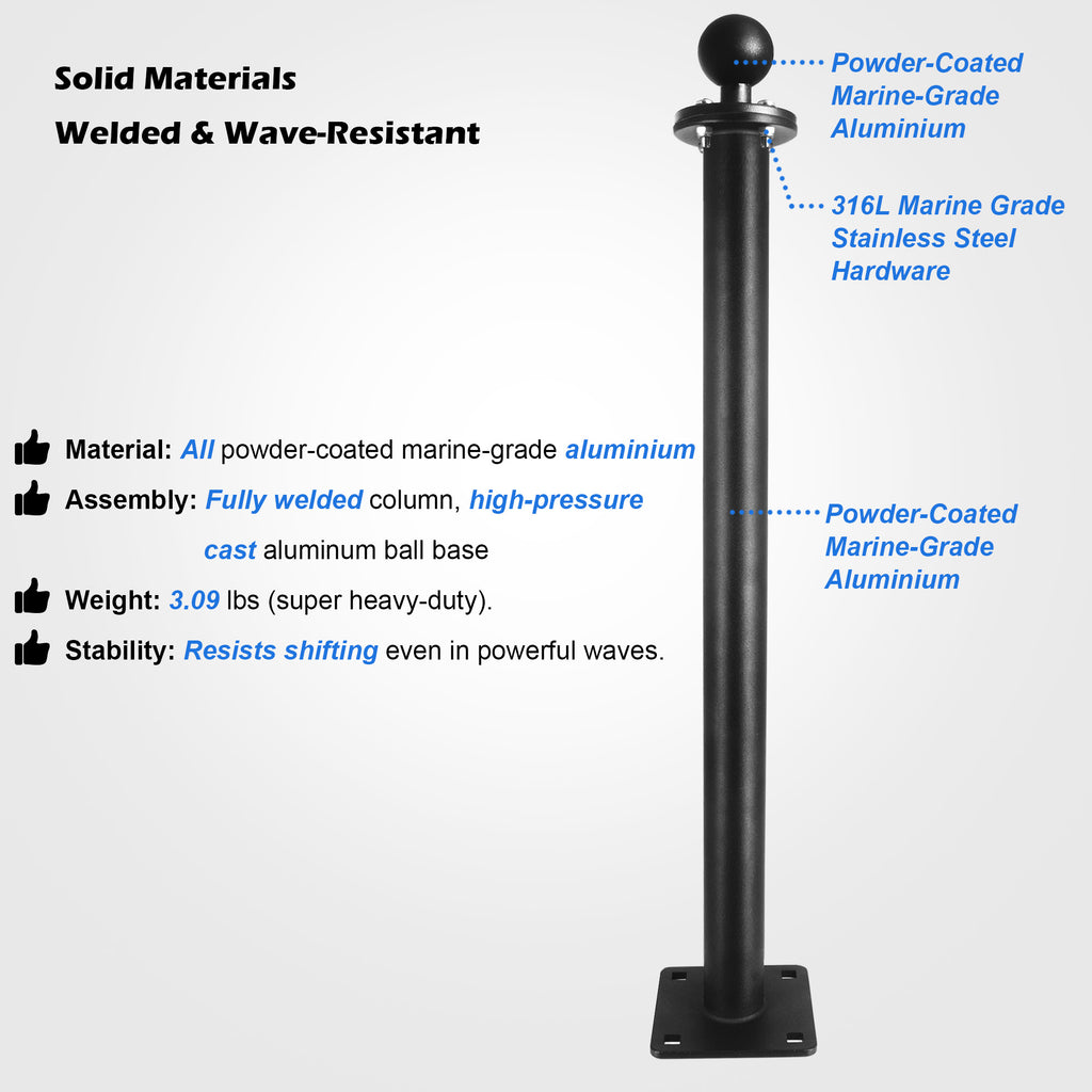 All Stainless steel 1.5" Ball Mount Base with 17" Long Arm, C Size Ball Adapter for Tablets/Fish Finders (Black)