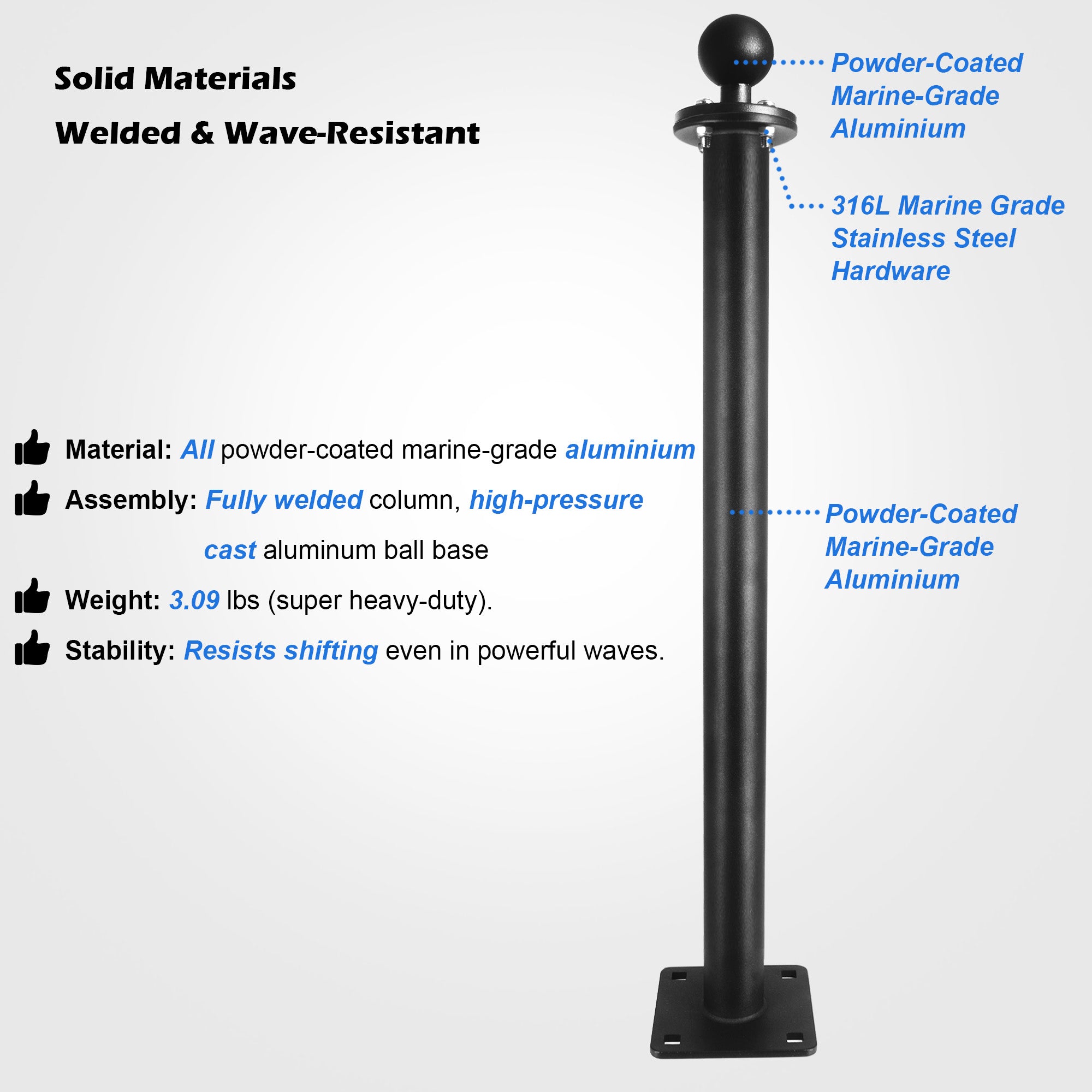 All Stainless steel 1.5" Ball Mount Base with 17" Long Arm, C Size Ball Adapter for Tablets/Fish Finders (Black)