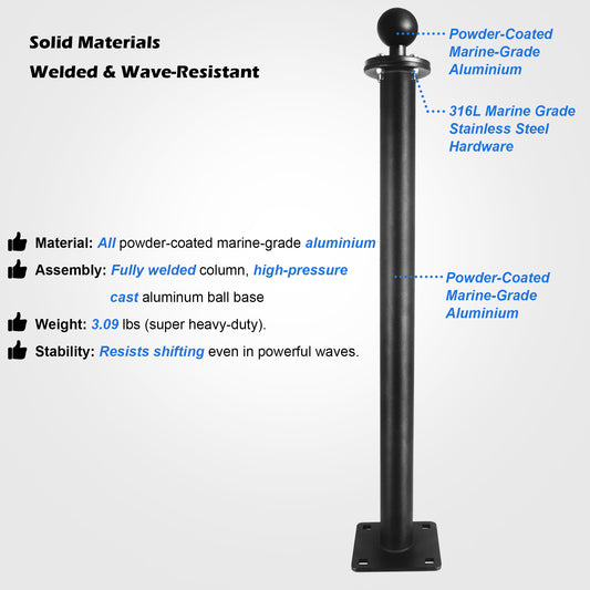 WINDFRD Base de montage à rotule tout aluminium de 1,5" avec bras long de 17", adaptateur à rotule de taille C pour tablettes/sondeurs, compatible avec RAM, Arkon, iBolt et plus Bras à double douille à rotule de taille C de 1,5"