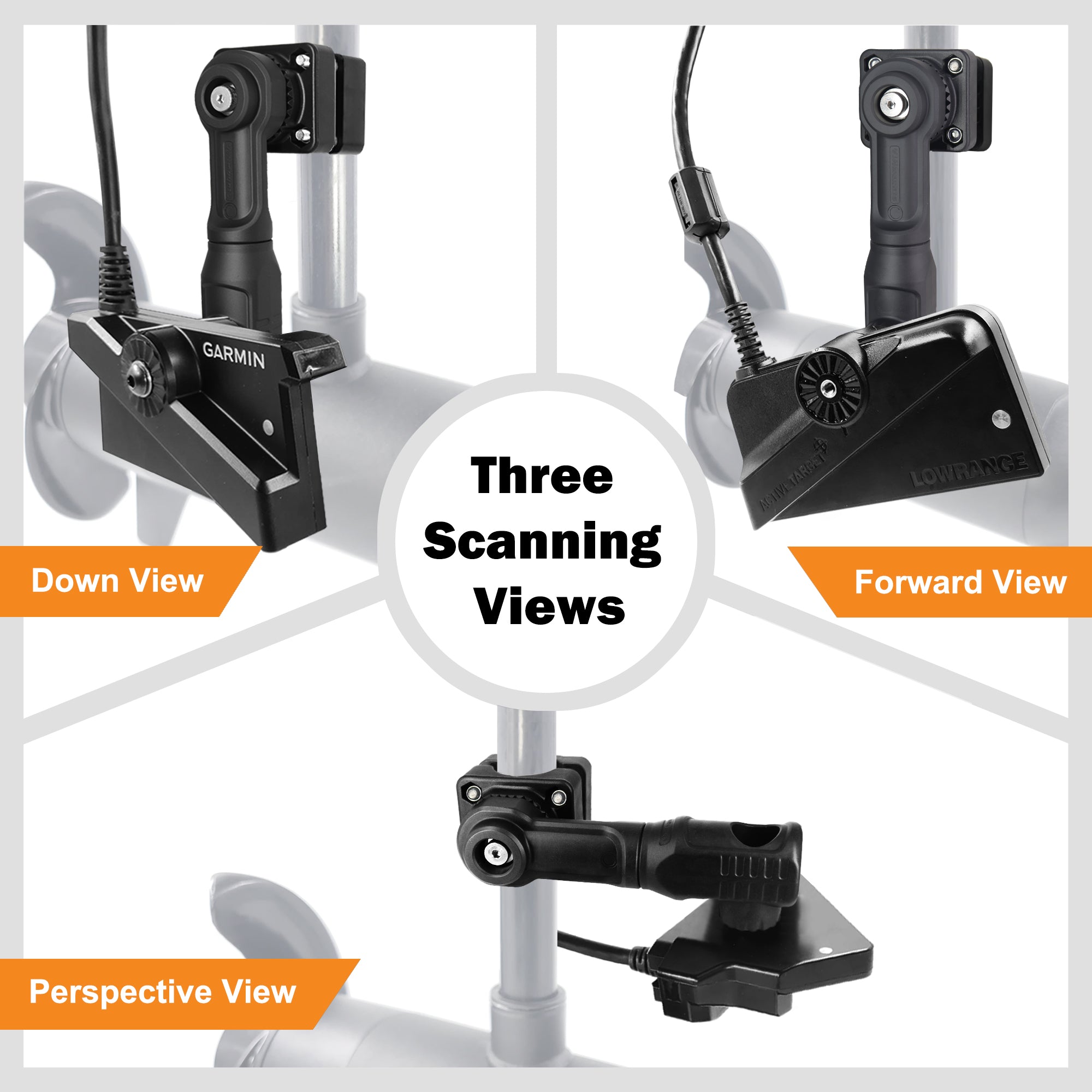 0-Degree Transducer Pole Mount Compatible with Garmin LiveScope LVS34 LVS32 LVS62 & Lowrance AT2, Hard-Anodized Cast Aluminum, Tool-Free 3-View Mode Adjustment Trolling Motor Bracket (Solo)