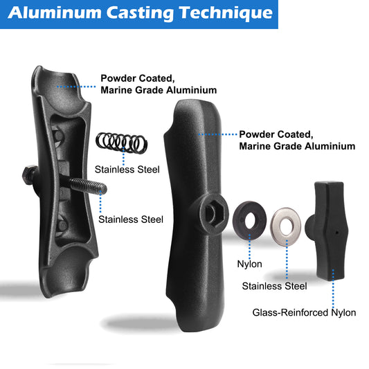 Bras double en aluminium WINDFRD à deux douilles moyennes (5,9") avec adaptateur à double rotule pour accessoires à rotule de 1,5 pouce/taille C/38 mm, pince puissante, réglable à 360°, compatible avec support RAM, iBolt et plus encore.