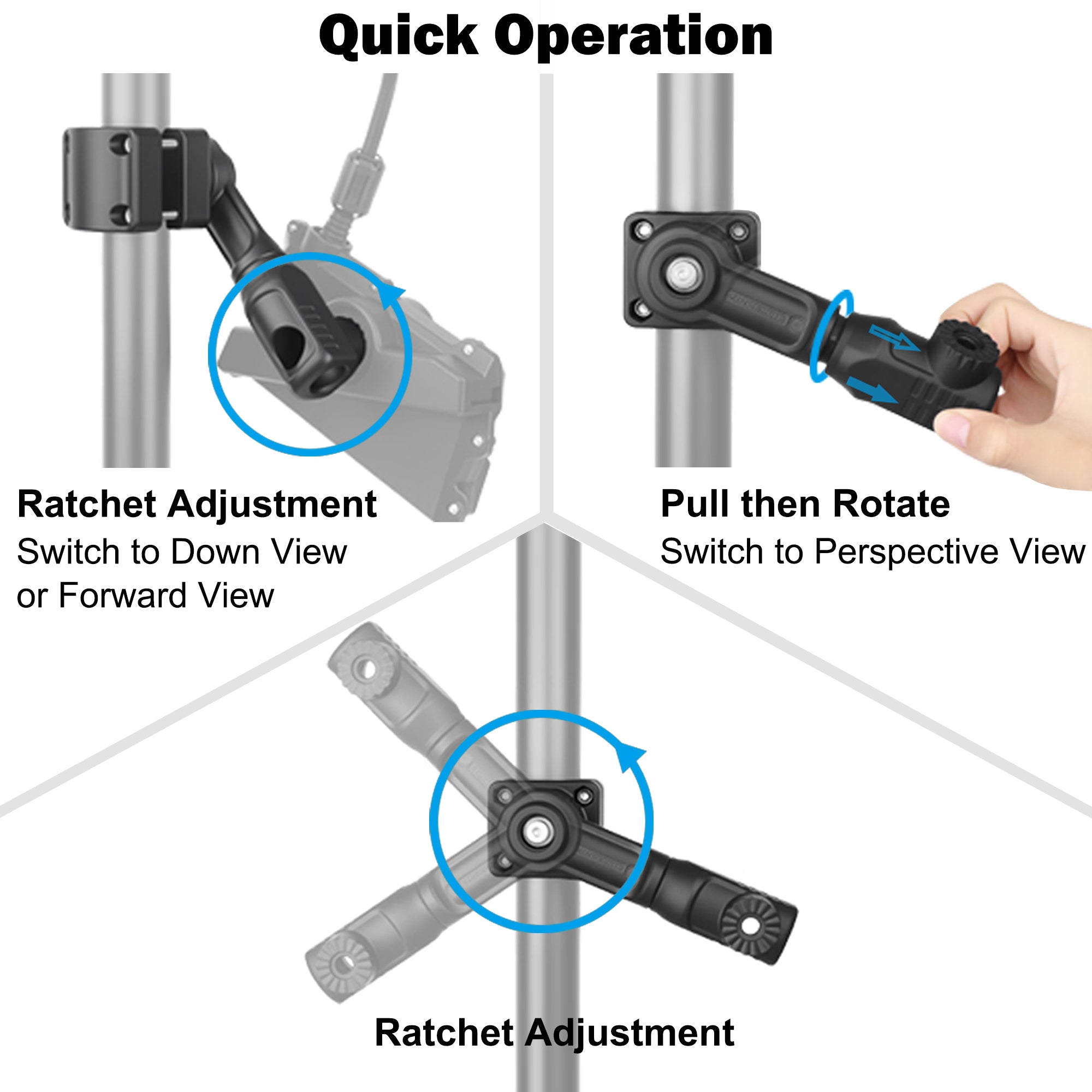 Dual Transducer Pole Mount Compatible with Garmin LiveScope LVS34 LVS32 LVS62 & Lowrance AT2, Hard-Anodized Cast Aluminum, Tool-Free 3-View Mode Adjustment Trolling Motor Bracket (Duo)