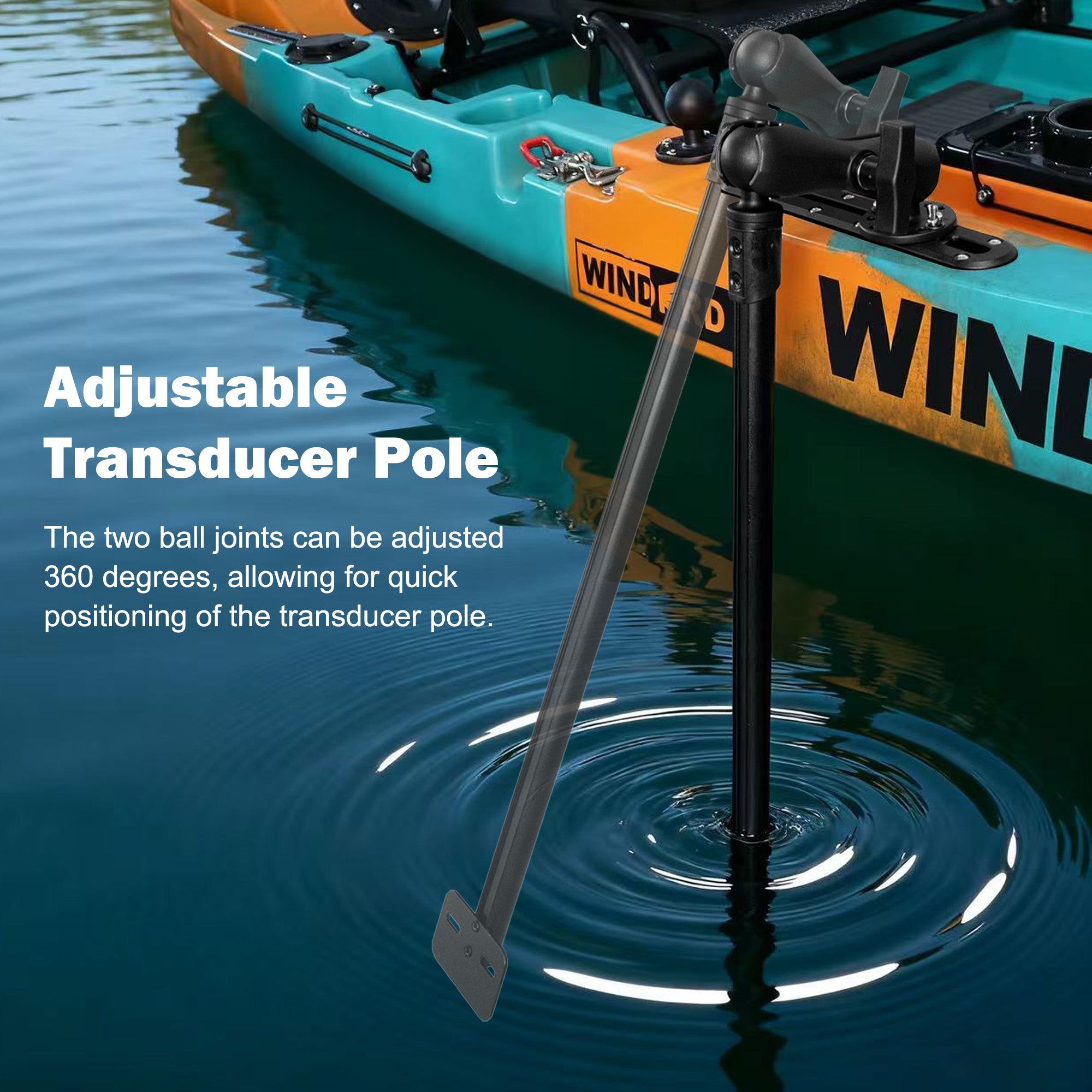 31.5" Long Transducer Pole Mount for Kayak, Transducer Pole with T-Bolt Track Ball Base and Double Socket Arm, Adjustable Transducer Arm for Boat, Compatible with Garmin, Lowrance