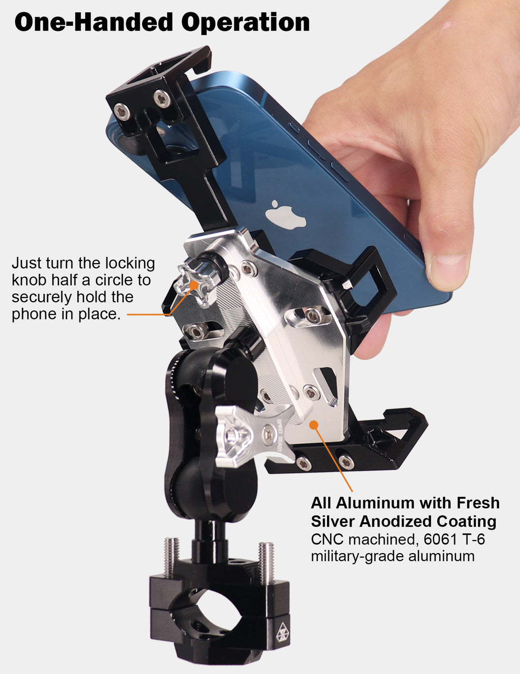 CNC All Metal Motorcycle Phone Mount (Silver)