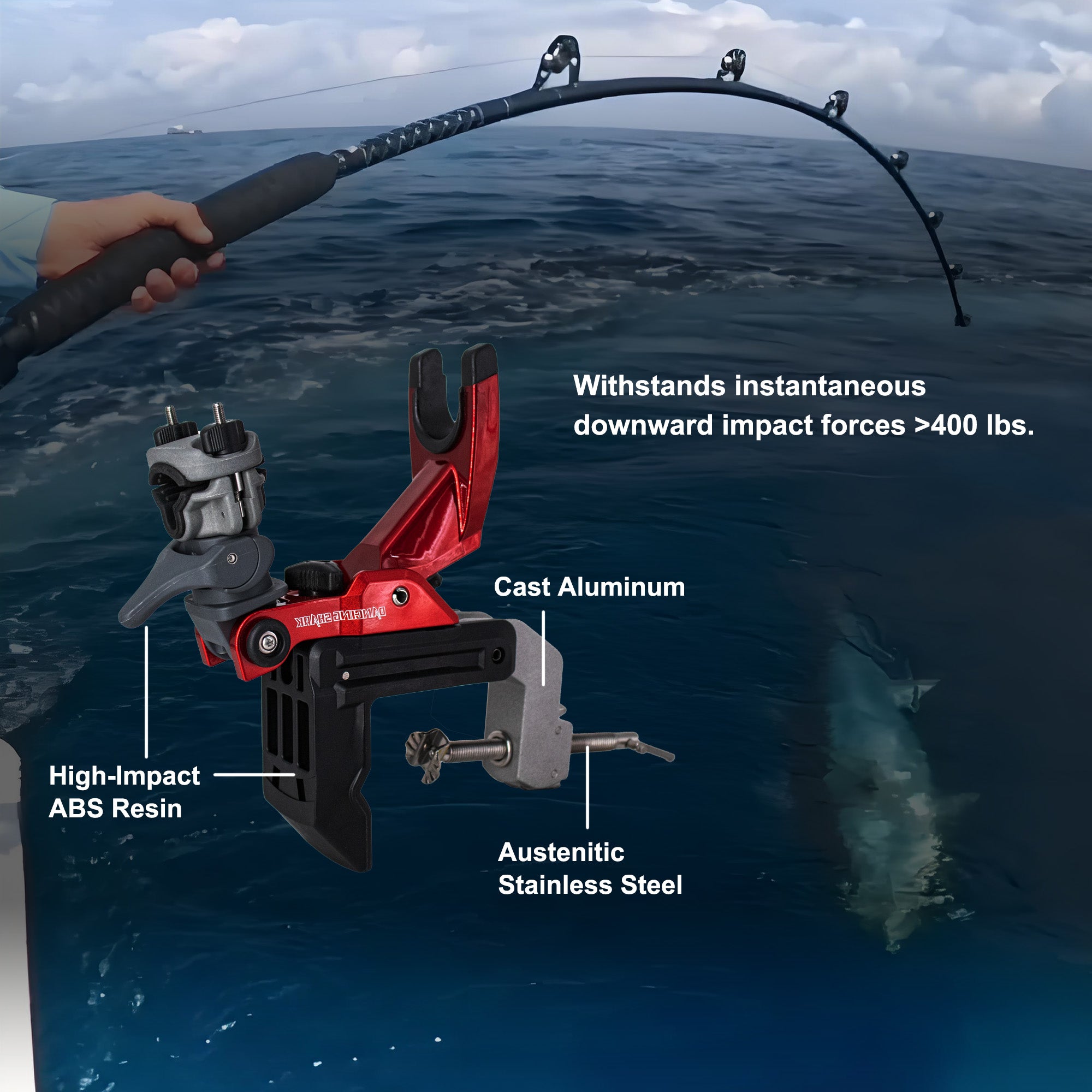WINDFRD Offshore Trolling Fishing Rod Holder with Enlarge Clamp for Boat, Innovative 1S Quick Release (Red)