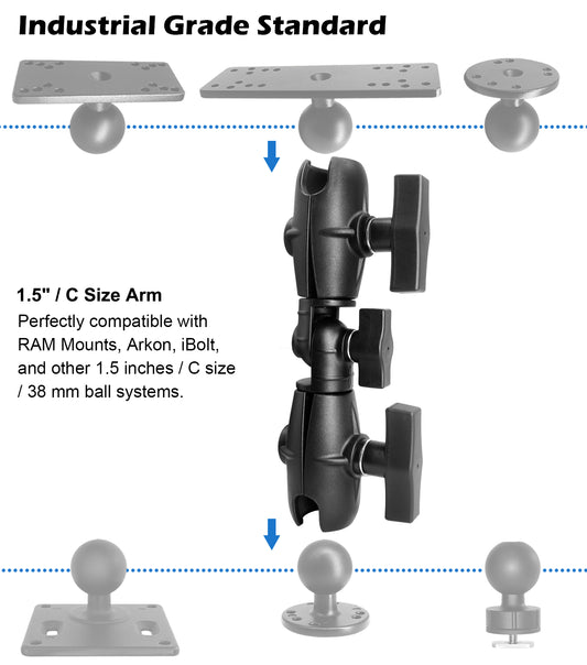 Bras à cliquet pivotant à double douille WINDFRD 8,1", compatible avec support RAM, accessoires à bille iBolt 1,5" / taille C / 38 mm, rotation à 360 degrés, réglable
