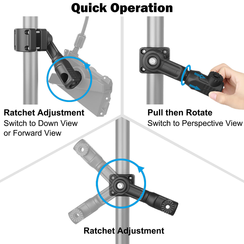 0-Degree Transducer Pole Mount Compatible with Garmin LiveScope LVS34 LVS32 LVS62 & Lowrance AT2, Hard-Anodized Cast Aluminum, Tool-Free 3-View Mode Adjustment Trolling Motor Bracket (Solo)