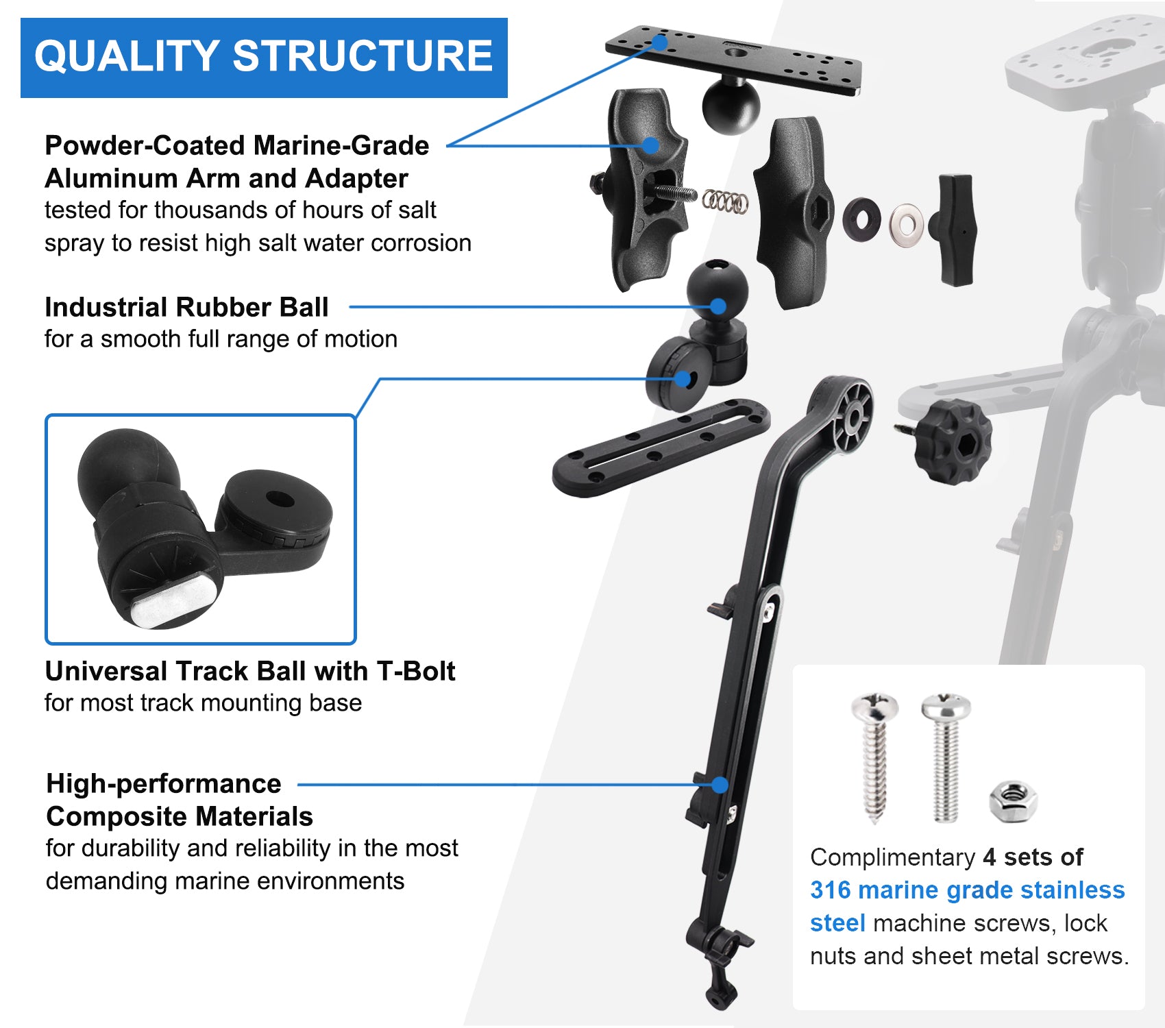 1.5" Ball Kayak Fish Finder Mount with Short Transducer Mounting Arm