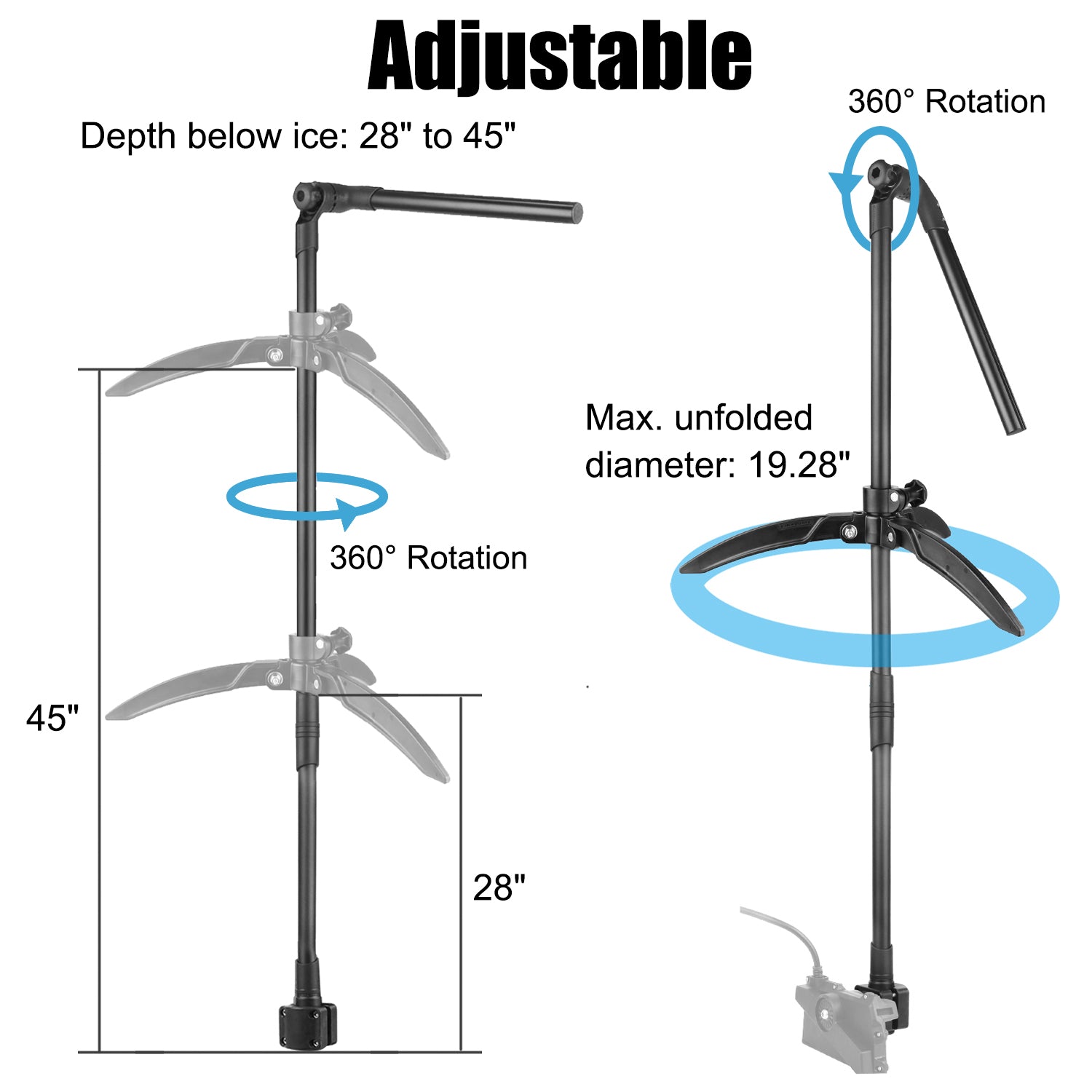 Ice Fishing Transducer Pole Mount with 0 Degree Mount, Livescope Transducer Pole with Tripod Ice Mount, Compatible with Garmin LVS34, Compatible with RAM Mounts C Size/1.5'' Double Socket Arm