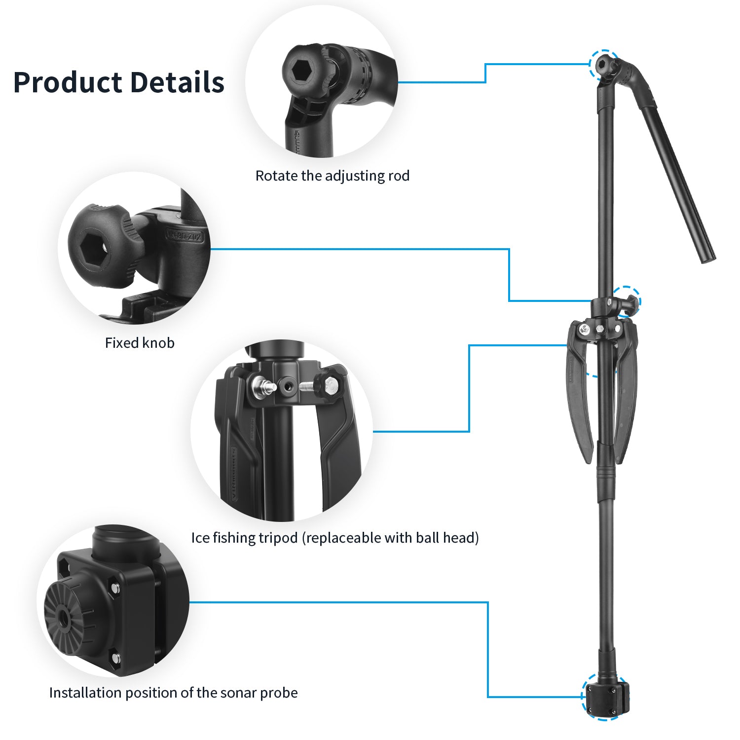 Ice Fishing Transducer Mount for Garmin LVS34, Compatible with 1.5-inch and C-Size Double Socket Arms