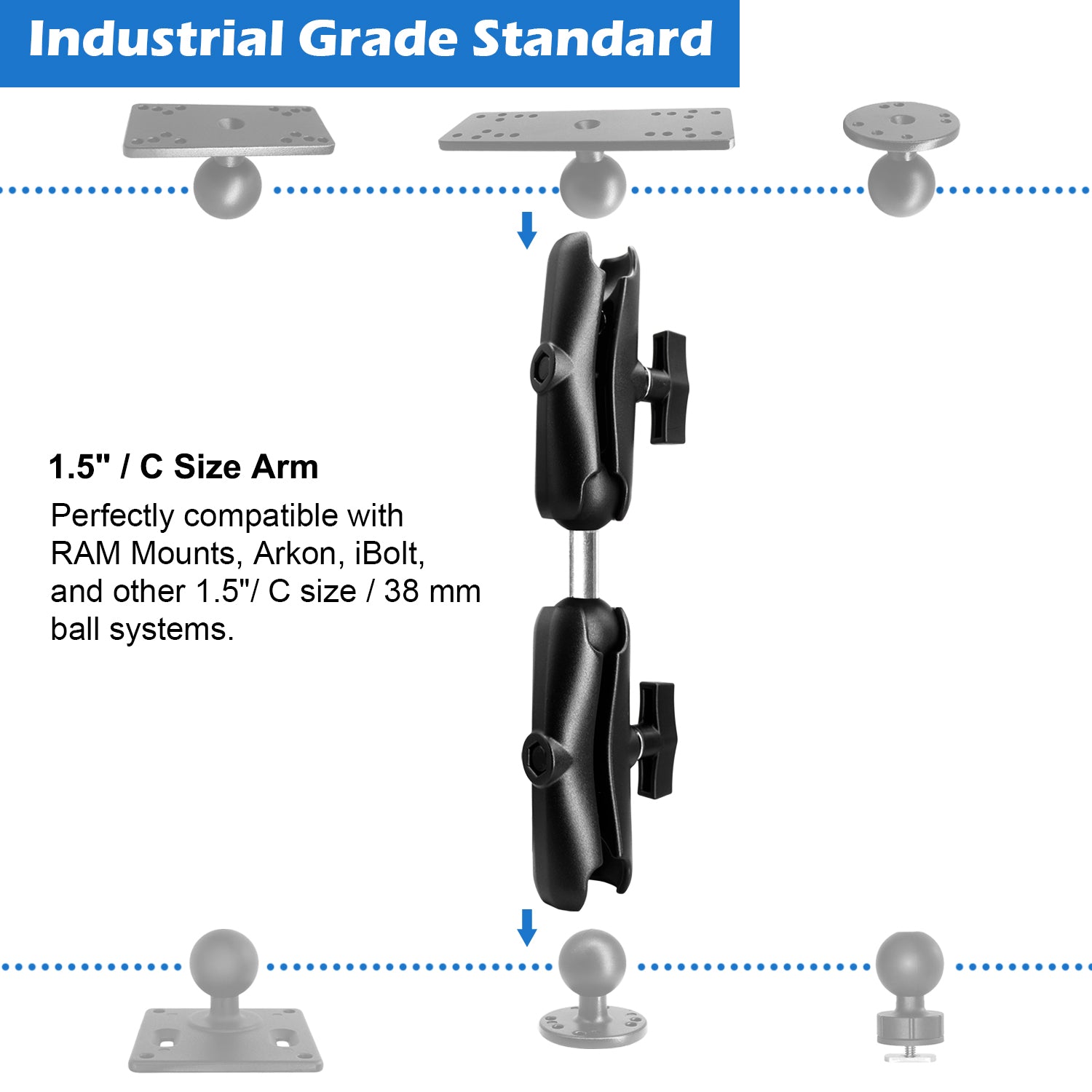 Aluminum Two Medium(5.9") Double Socket Arm with Dual Ball Adapter for 1.5 Inches/C Size / 38mm Ball Accessories