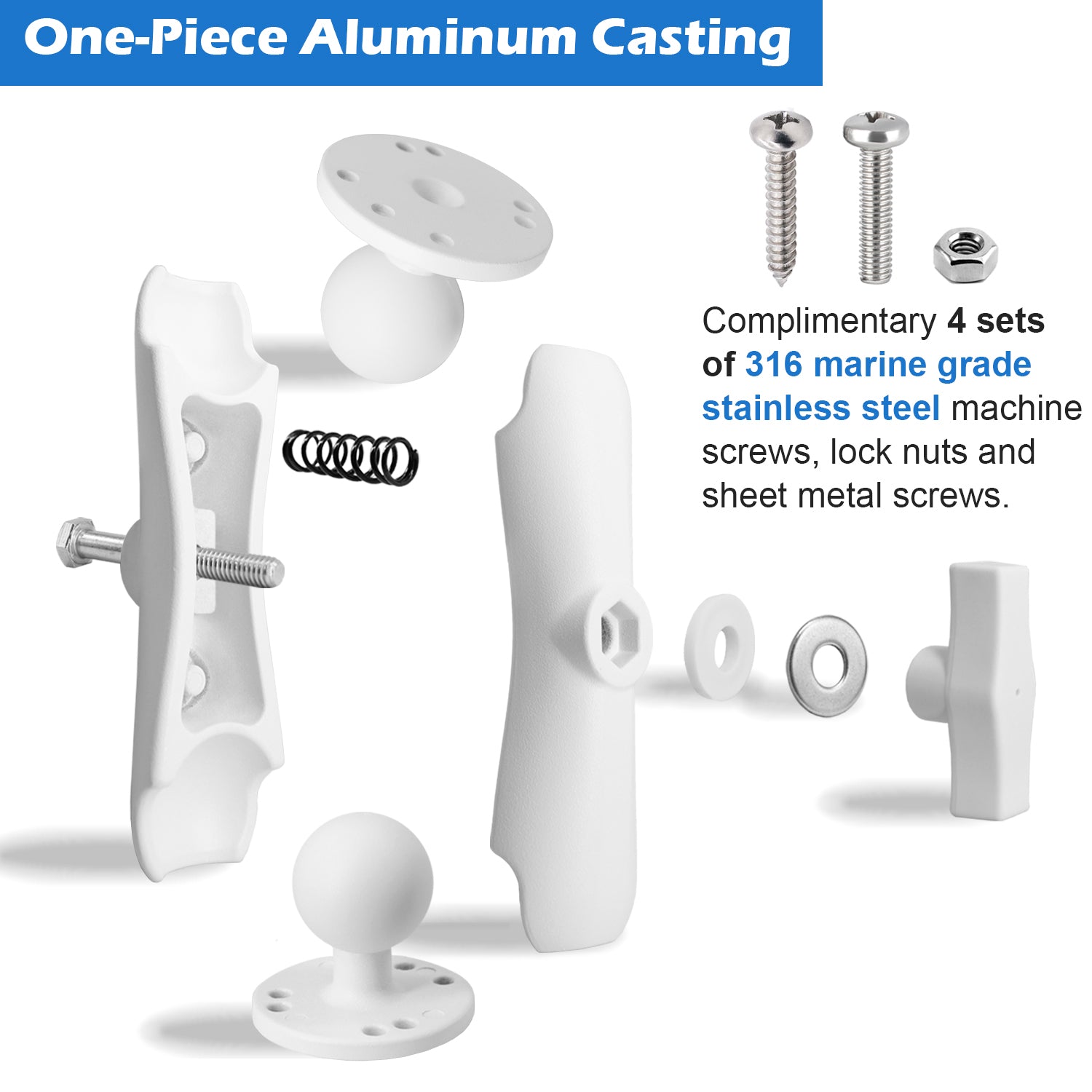 White Powder Coated Aluminum 1.5" Double Ball Mount with Two AMPS Round Plates (White)