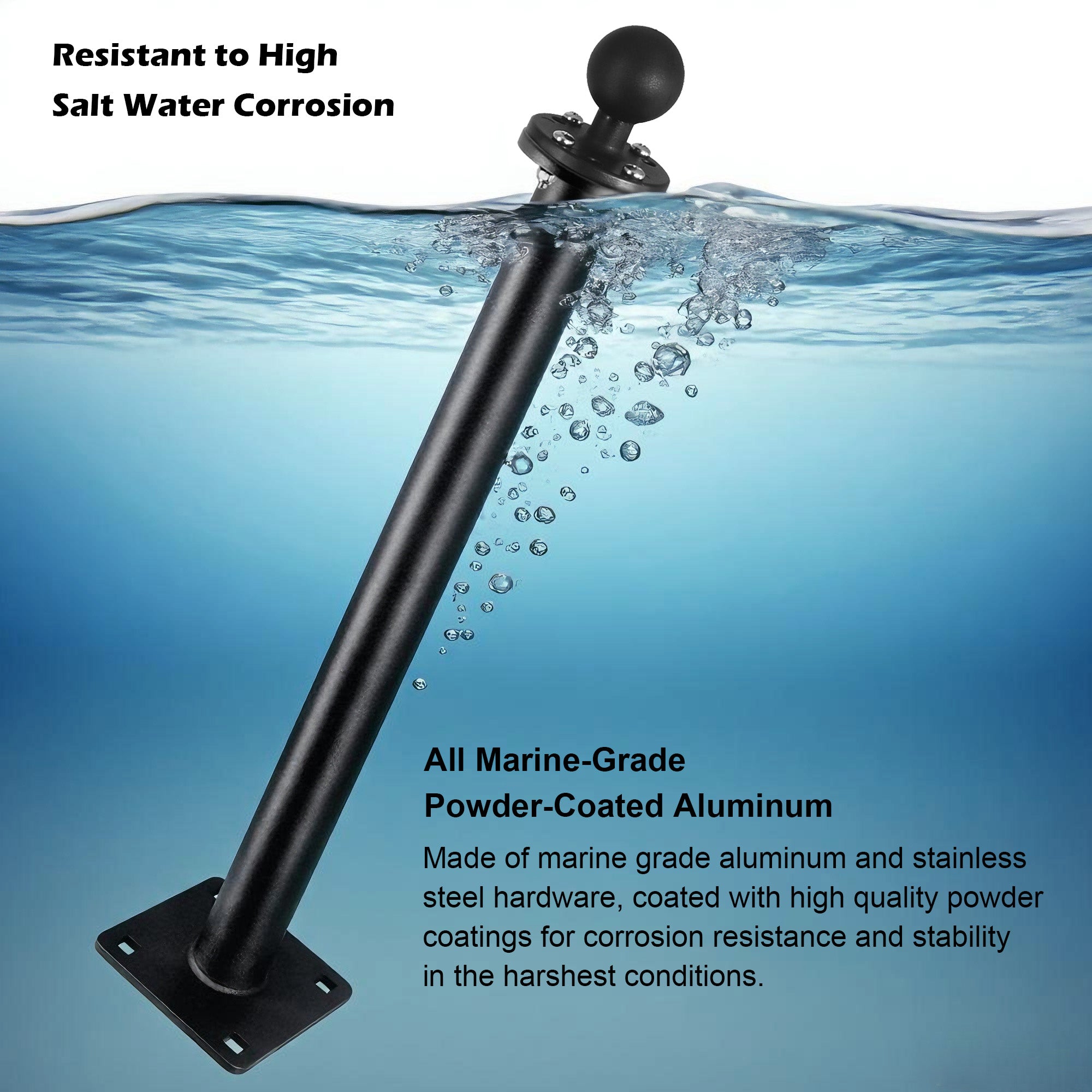 All Stainless steel 1.5" Ball Mount Base with 17" Long Arm, C Size Ball Adapter for Tablets/Fish Finders (Black)