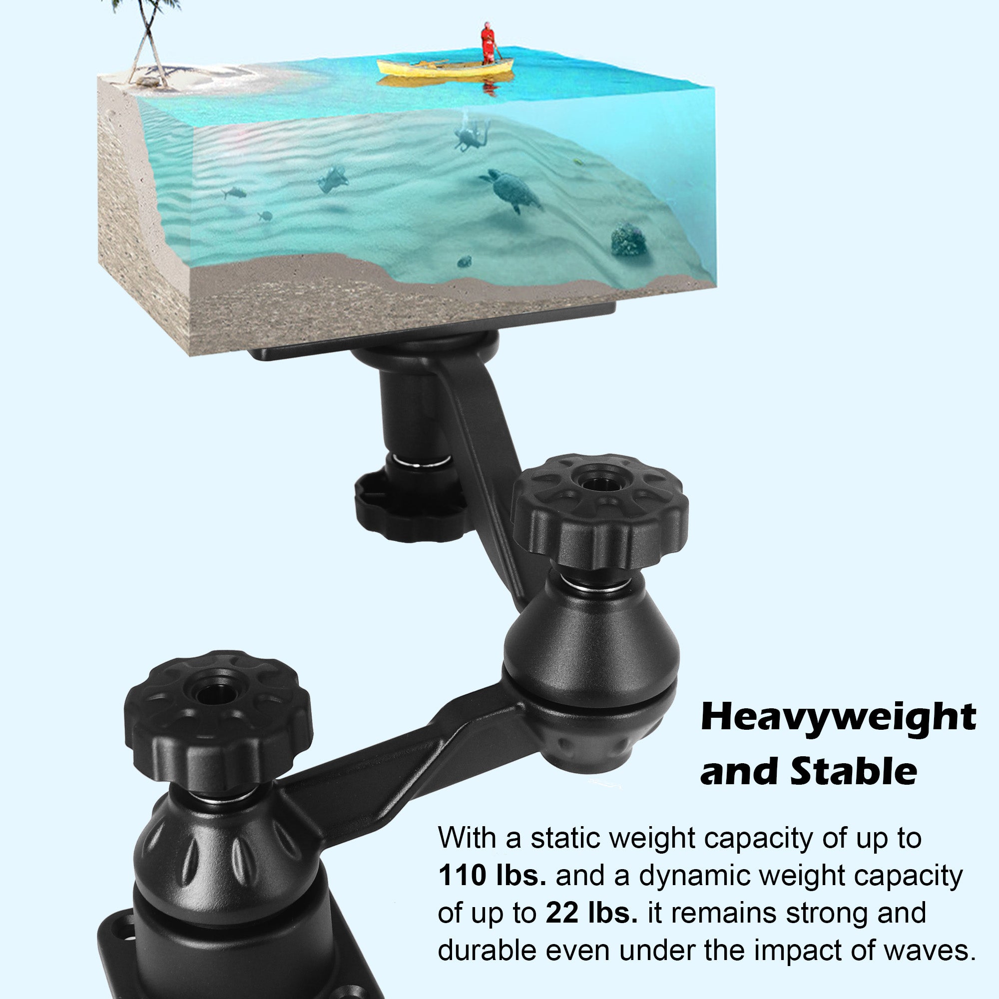 All Aluminum Fish Finder Mount with Reinforced Dual-joint Adjustable Arm for 7"-16" Large Display (Flat Mount)